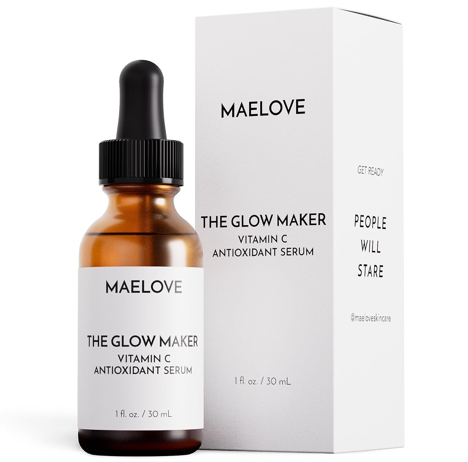 MAELOVE Glow Maker Vitamin C Serum with Vitamin E & Ferulic Acid, 1 fl oz | Gold standard formula of Vitamin C E, Ferulic Acid & Hyaluronic Acid, Award-Winning Brightening and Hydrating Facial Serum