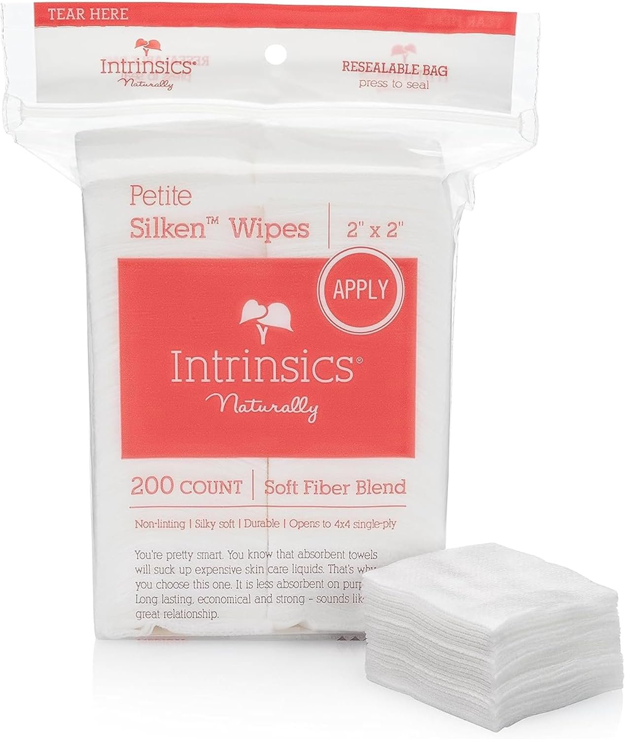 Intrinsics Petite Silken 2×2 Esthetic Wipes (200 Count) | 4-Ply Premium Lint-Free Facial Wipes & Cotton Pads for Face | Low-Absorbency Face Pads for Toner & Makeup Removal