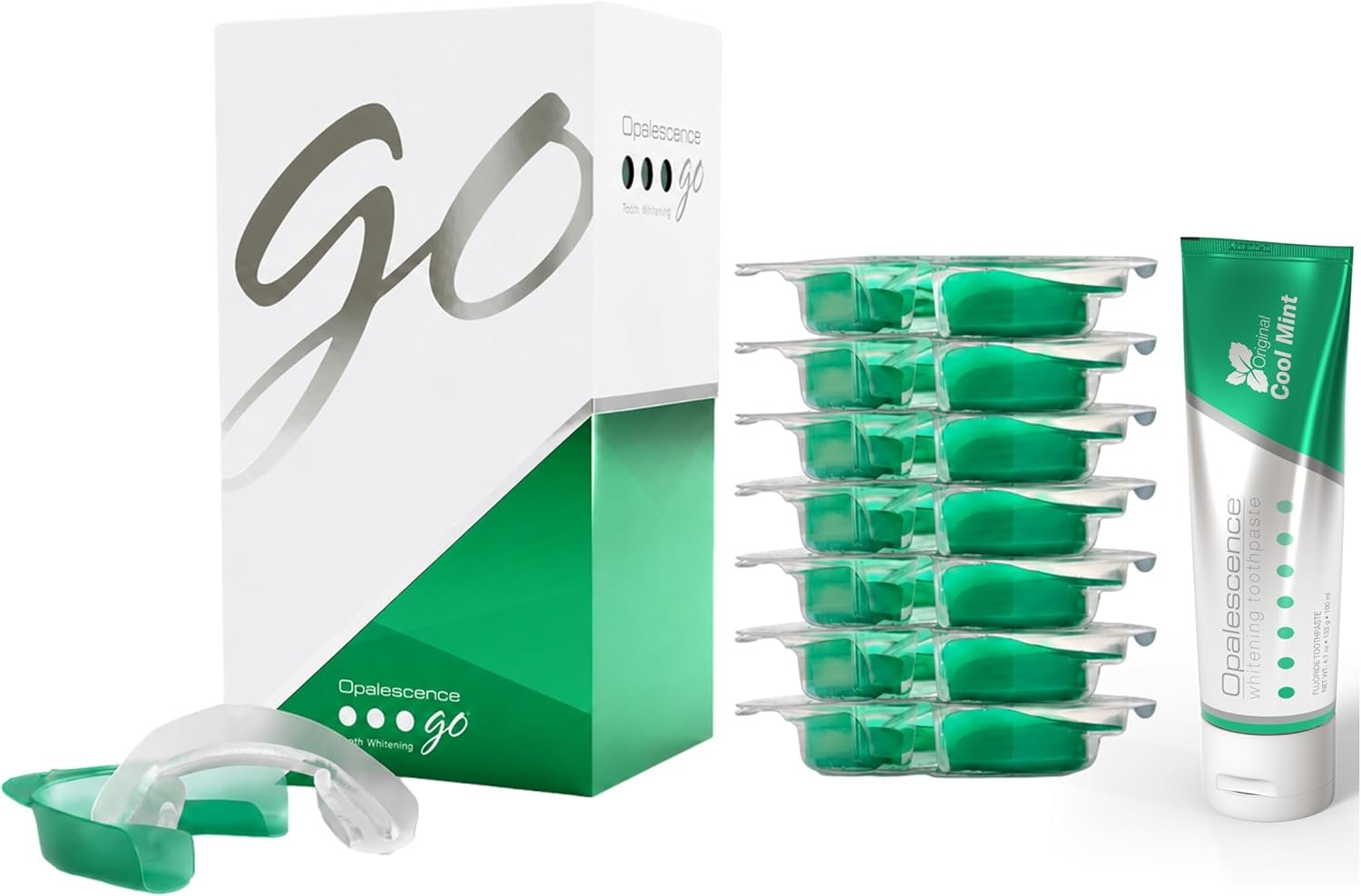 Opalescence GO 15 Whitening Bundle – (7 Treatments) Hydrogen Peroxide Prefilled Teeth Whitening Trays and Travel Original Whitening Toothpaste 1 Oz – Mint Flavor – 6238-1