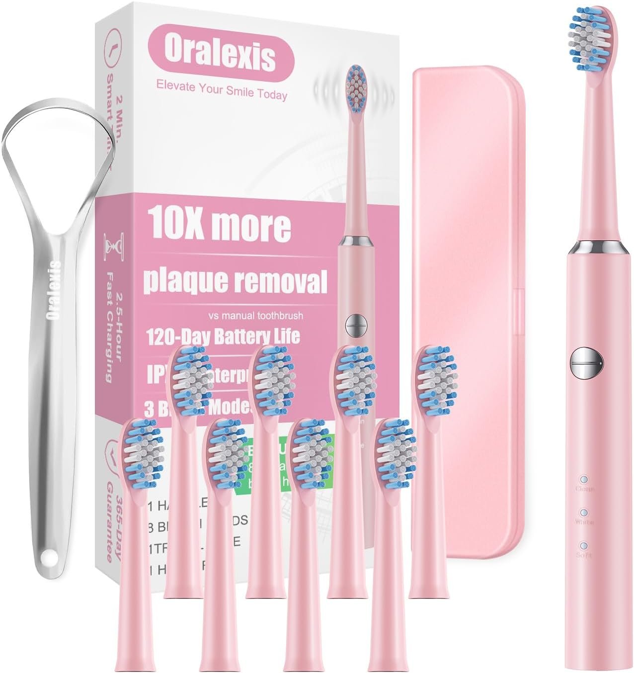 Electric Toothbrush for Adults with 8 Brush Heads and Tongue Scraper, 2 Minute Smart Timer, One Fast Charge Last 120 Days, 40000 VPM Deep Clean, Sonic Travel Toothbrush – Rose