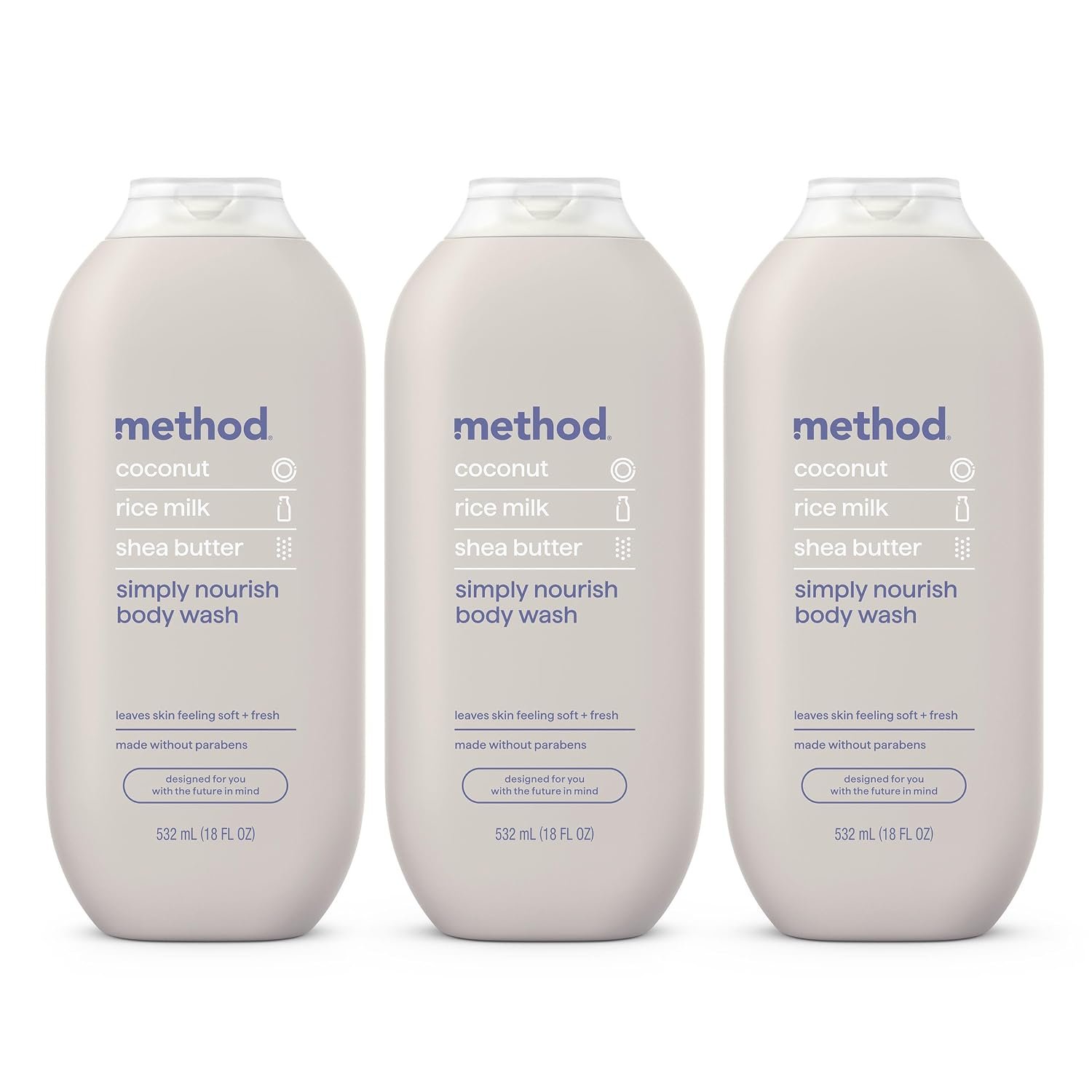 Method Body Wash, Simply Nourish – Leaves Skin Feeling Soft & Moisturized, Made Without Parabens, Notes of Coconut, Rice Milk & Shea Butter, 18 fl oz – 3 pack | Soothing Formula, Leaves Skin Feeling Soft & Moisturized, Made Without Parabens, Notes of Coconut, Rice Milk & Shea Butter