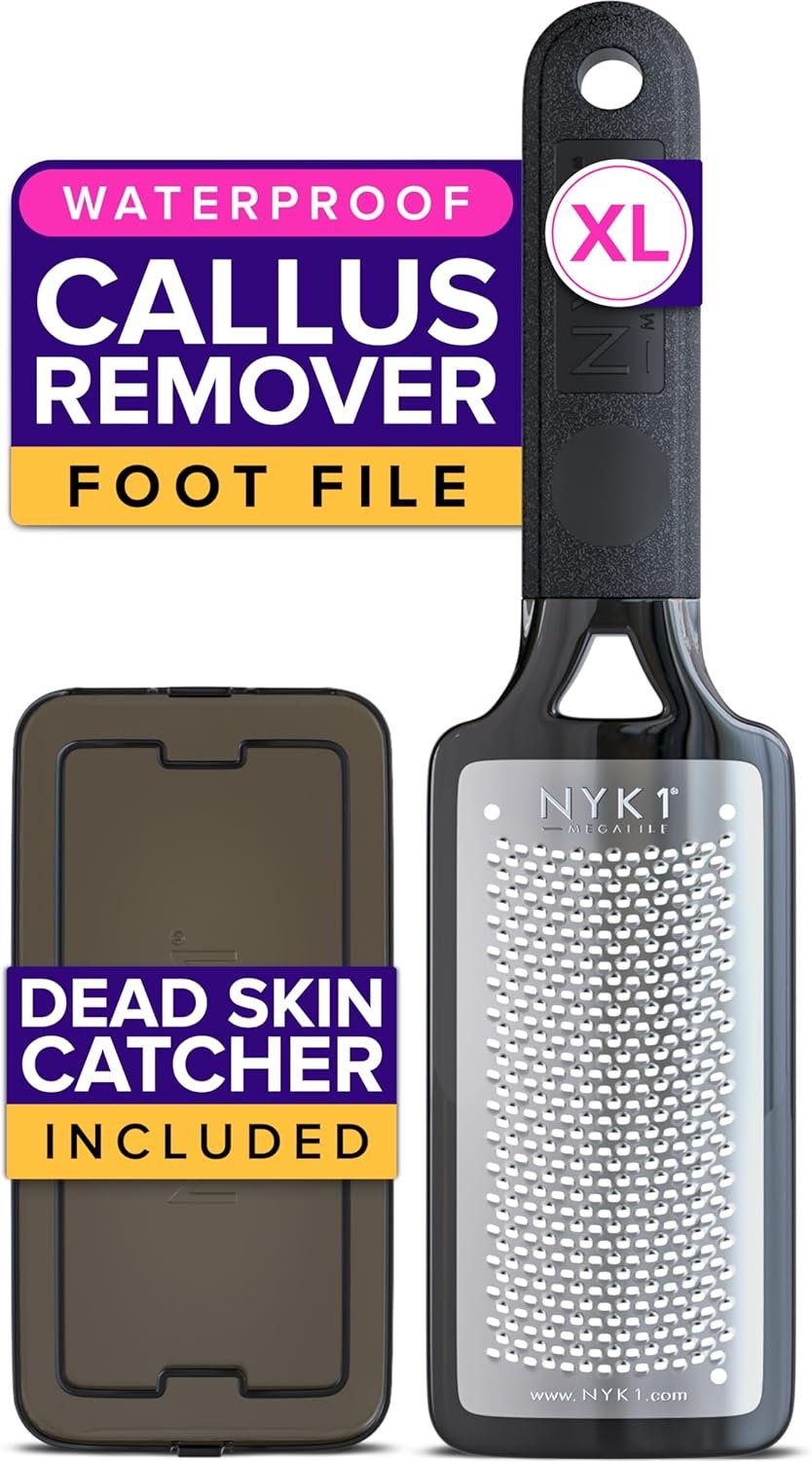 NYK1 RUSTPROOF Foot File Callus Remover for Feet with Catcher | XL Size | MegaFile Hard Skin Remover Foot Scraper for Wet and Dry Use – Non-Slip Textured Grip for Smooth, Soft & Callus-Free Feet