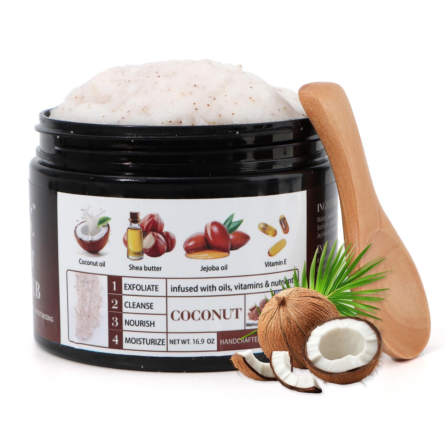 Coconut Body Scrub Exfoliator for Women (16.9oz) | Natural Ingredients, Pure Oils and Dead Sea Salt Minerals, Exfoliating, Moisturizing and Nourishing Skin