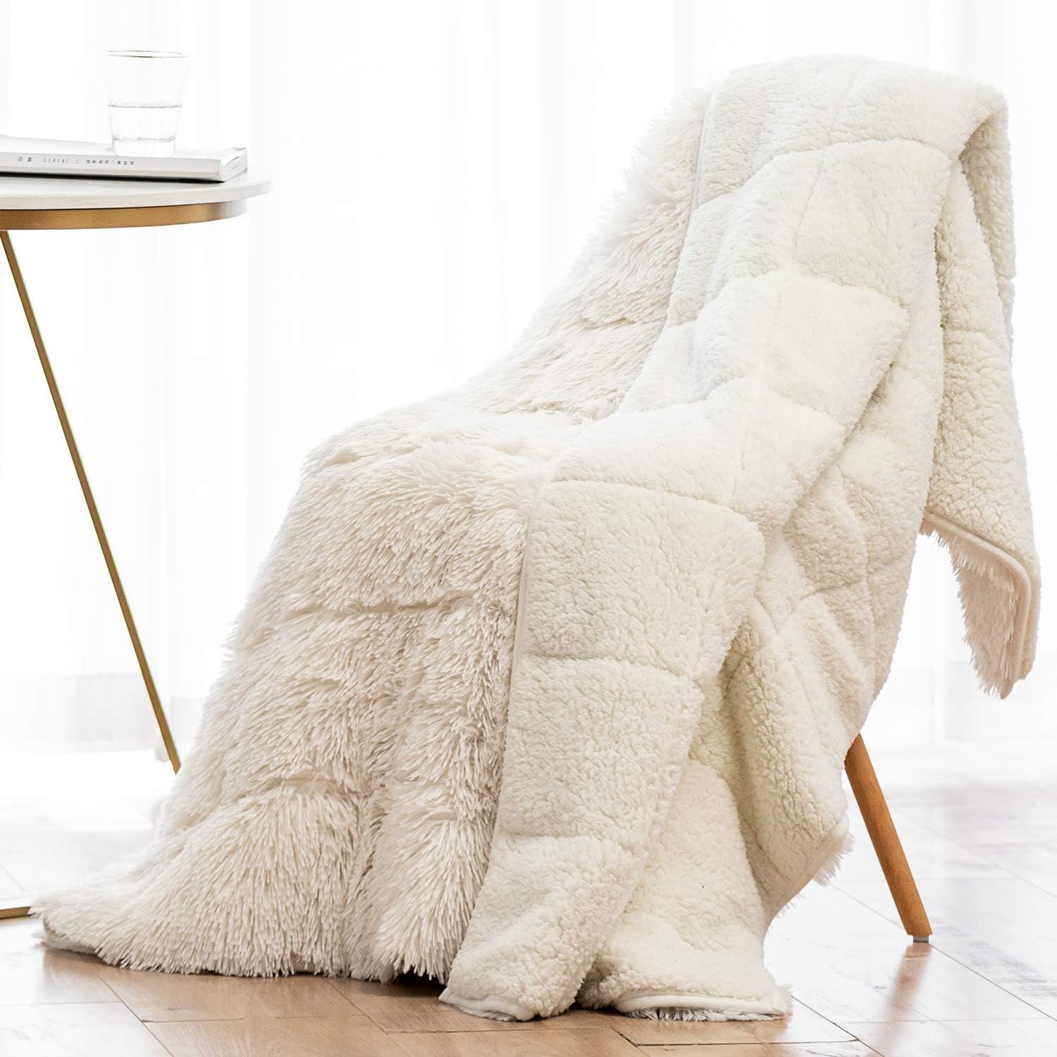 Shaggy Faux Fur Weighted Blanket for Adult 15lbs, Twin Size 48×72 | Fluffy Long Plush Fleece; Fuzzy Sherpa Reverse; Machine Washable; Glass Beads; Heavy Throw Blankets for Bed, Couch; Cream
