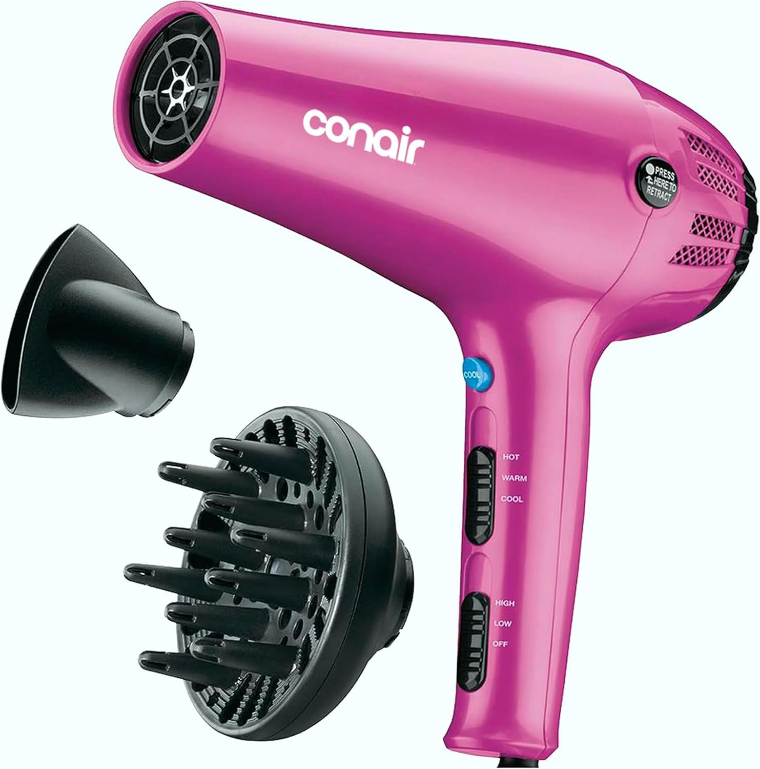 Conair Hair Dryer with Diffuser and Concentrator, 1875W, Pink | Blow dryer with ionic tourmaline technology, 3 heat settings, and 2 speed options to efficiently style all hair types
