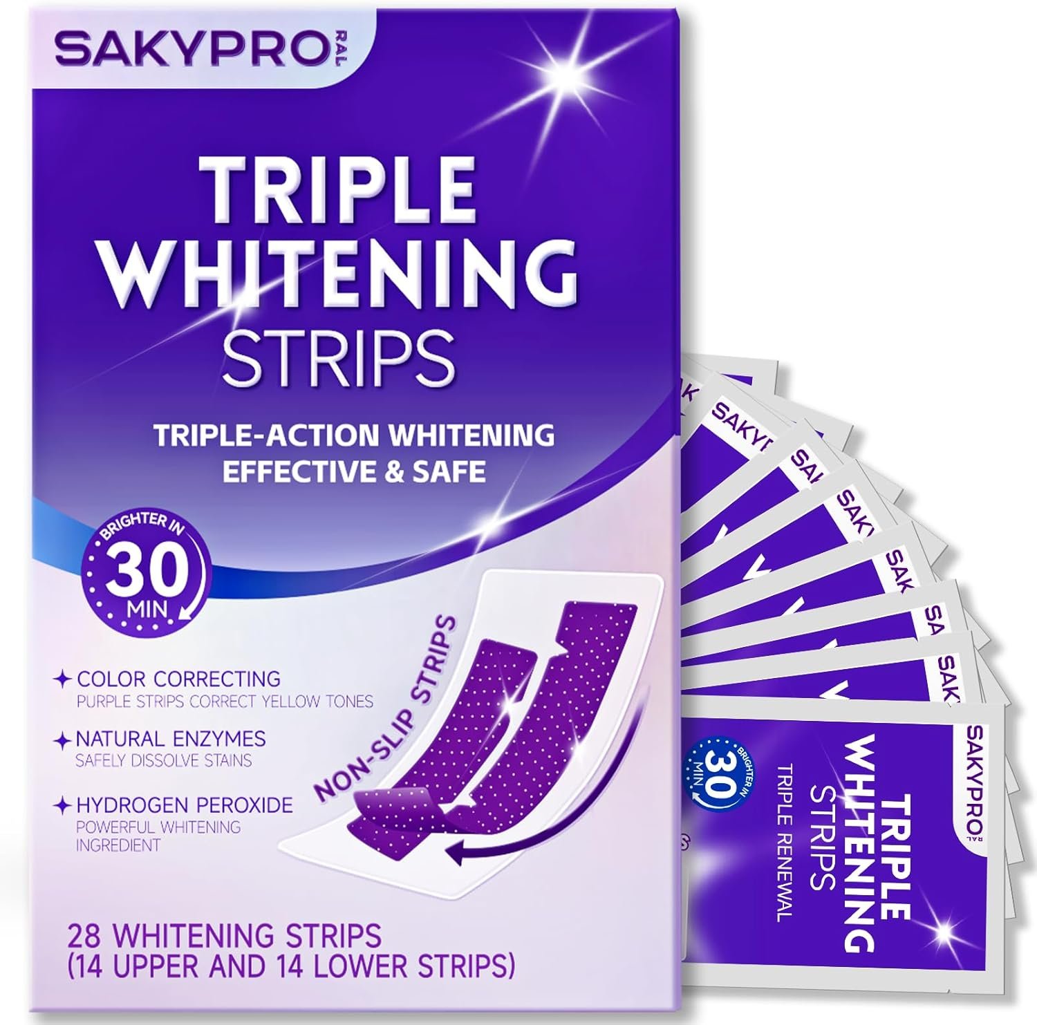 SAKYPRORAL Purple Whitening Strips, Long-Lasting Results, Enamel Safe & Low-Sensitivity, Professional Teeth Whitening Strips with Non-Slip Dry Strip Technology (28 Count (Pack of 1))