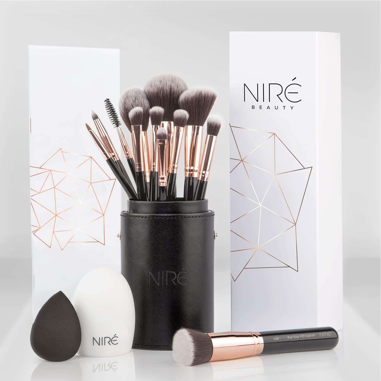 Beauty Professional Makeup Brush Set, 15 Piece Black & Rose Gold | Foundation, powder, blush, blending, eyeshadow, vegan bristles, holder case, sponge, cleaner, guide