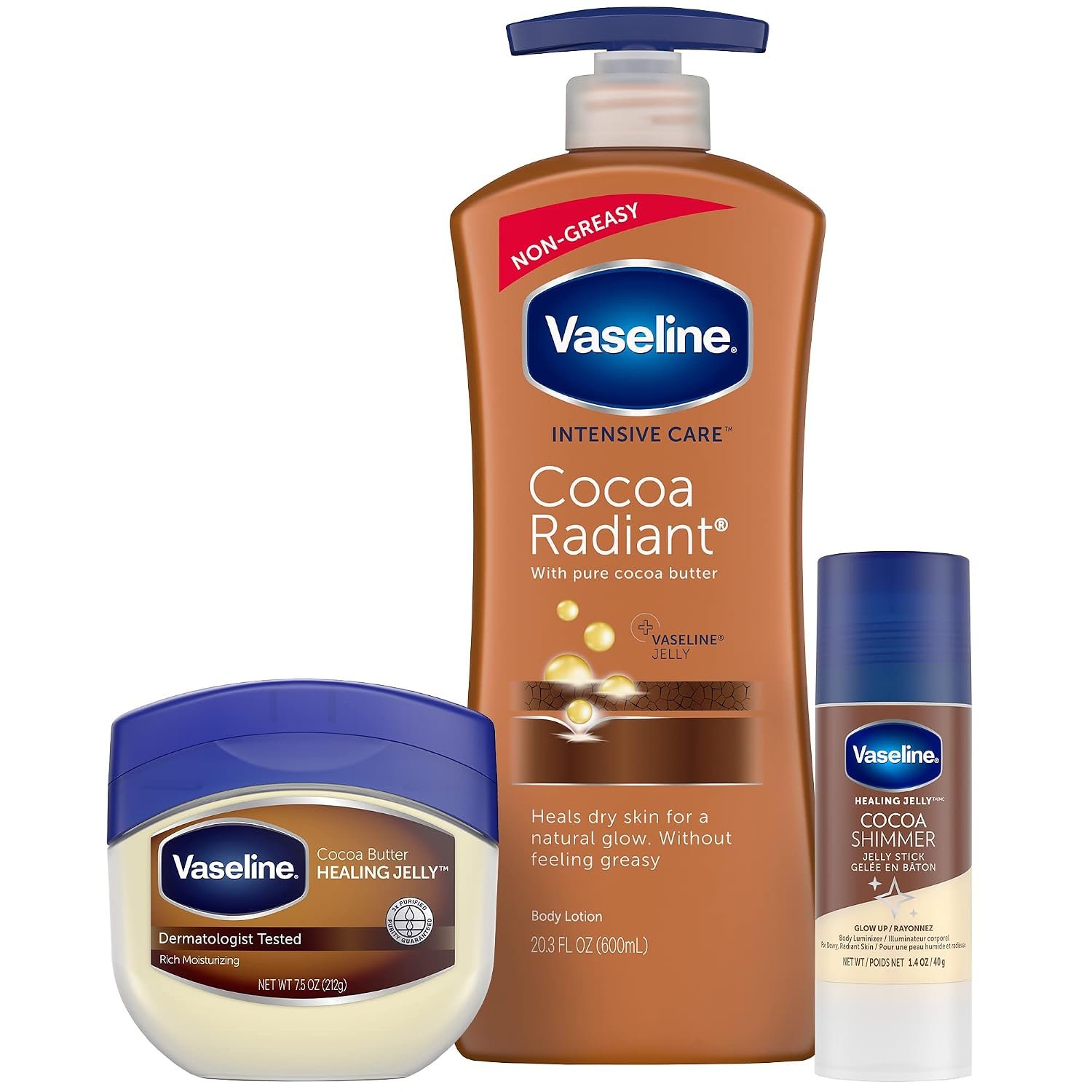 Vaseline Intensive Care Cocoa Radiant Lotion, 20.3 oz Bundled with Moisturizing Healing Jelly Butter, 7.5 and Shimmer Stick, 1.4 oz, Moisturized Skin Light Scent