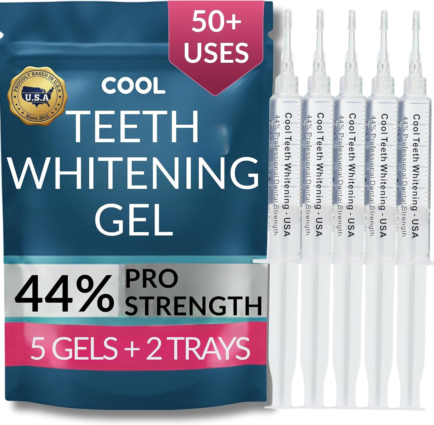 Teeth Whitening Gel with Trays 44% Carbamide Peroxide 5 Syringes – 50+ Uses | Enamel Safe Dentist Strength Tooth Whitener Removes Coffee, Wine, Tobacco Stains, Vegan, Gluten Free, 2 Trays Included