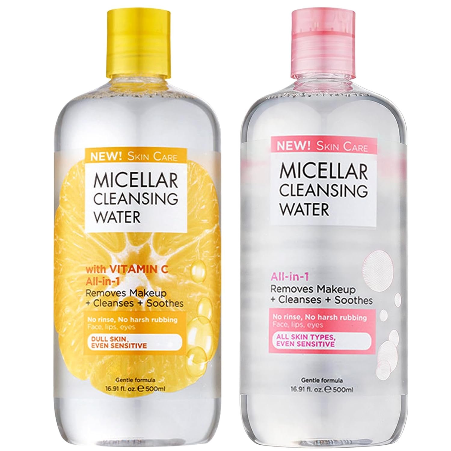 Micellar Water 500ml 2 Pack–Makeup Remover&Micellar Cleansing Water,Gentle Make Up Remover Liquid for Face,Lips&Eyes,Soothing Facial Cleanser for All Skin Types