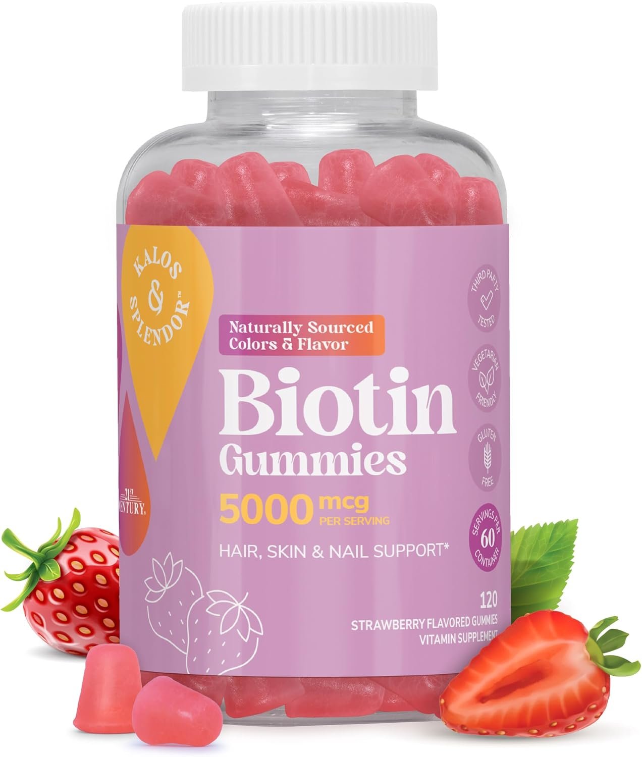 21st Century Biotin 5000mcg Gummies, Strawberry, Hair Skin Nails, 120ct | Biotin 5000 mcg Gummies to Help Support Healthy Hair, Skin & Nails, Delicious Strawberry Flavor, Vegetarian, 120 Count
