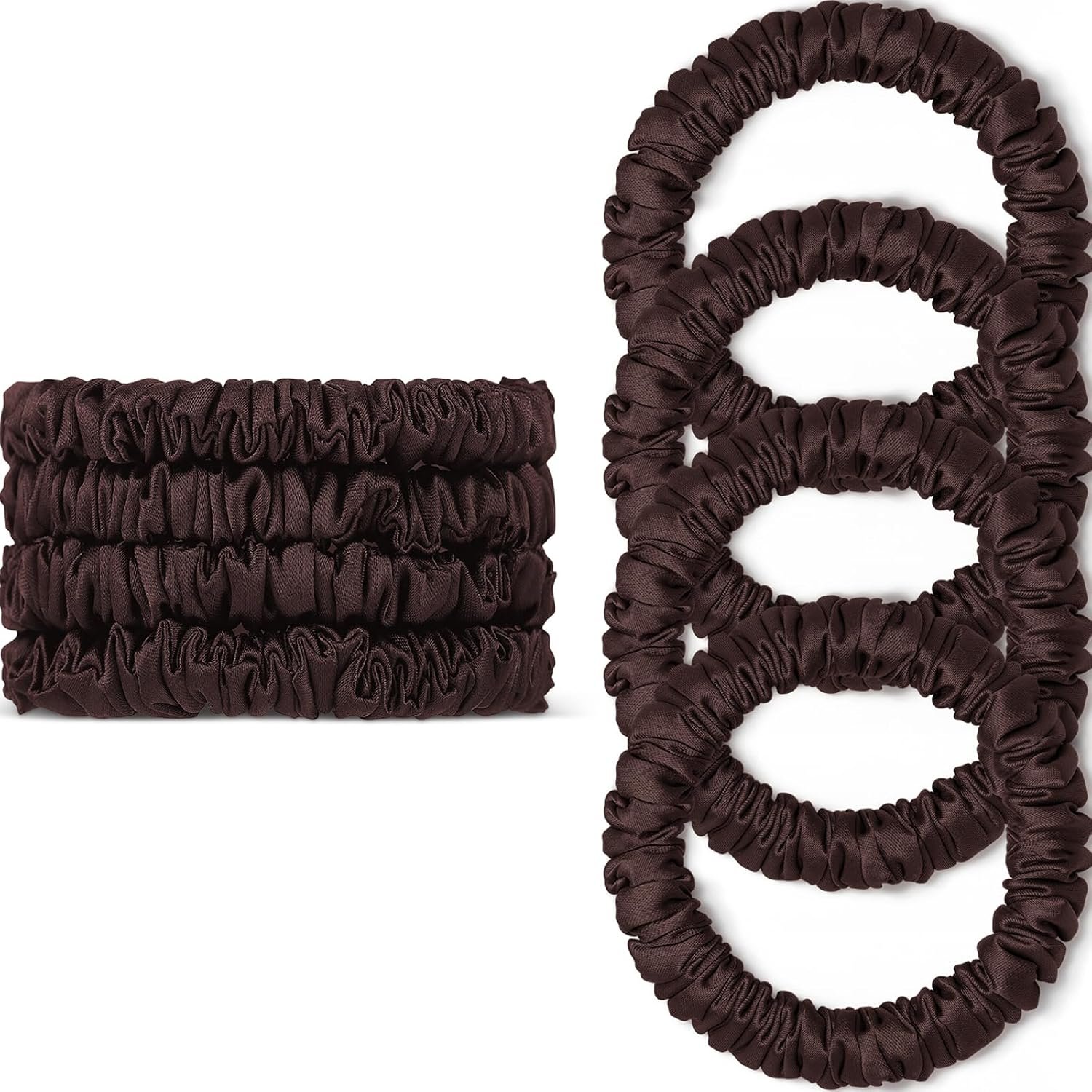 Scrunchies Hair Ties Silk Satin Scrunchy, WantGor Women 4PC Hair Bands | Pure Mulberry Silk Skinny Elastic Scrunchies Bracelets Ponytail Holders Hair Accessories (Brown*4)