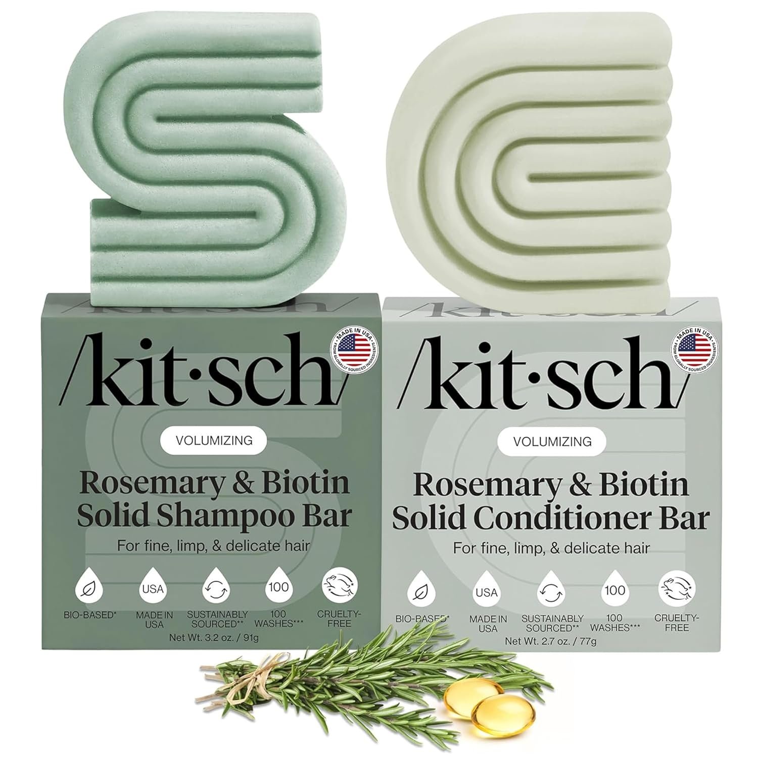 Kitsch Rosemary & Biotin Shampoo and Conditioner Set for Hair Growth | Strengthening, Thickening Hair Care – Volumizing Shampoo and Conditioner Bar – Paraben, Sulfate & Silicone Free – 2 pack