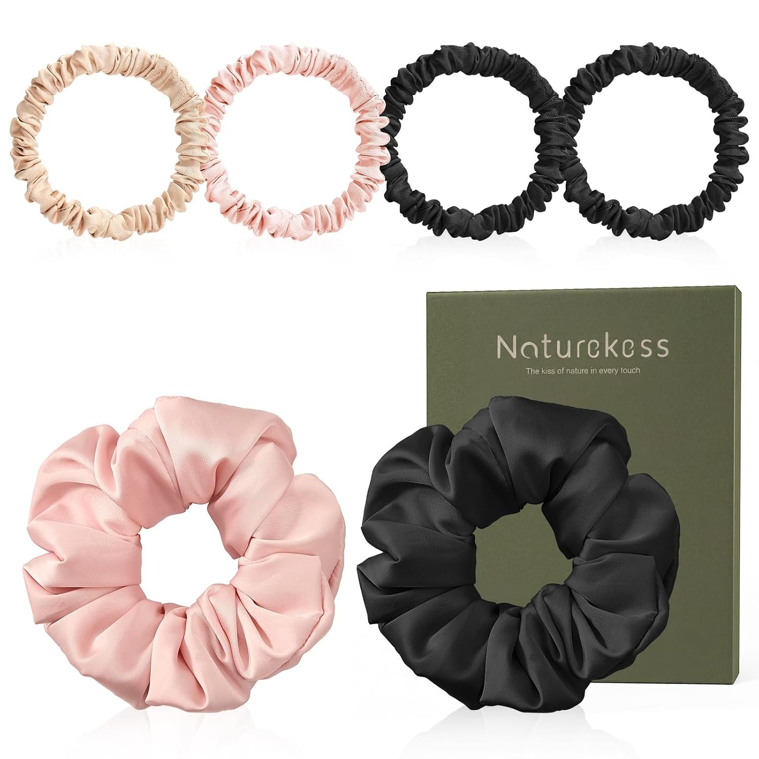 6PCS 100% Mulberry Silk Scrunchies Set, 2 Large and 4 Thin Silk Hair Ties for Women, No Damage Hair Accessories, Black Pink Champagne