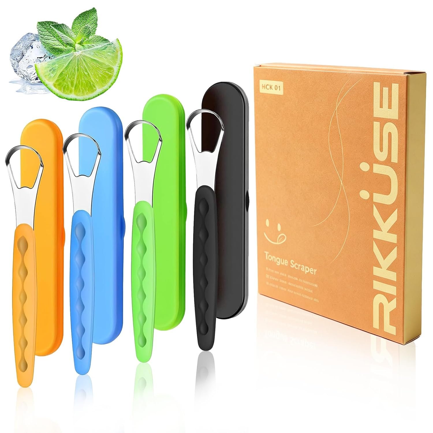 4-Pack Colorful Stainless Steel Tongue Scraper with Travel Case for Adults | Metal Tongue Brush For bad breath , oral hygiene tool, Easy daily cleaning, Portable storage, Suitable for adults