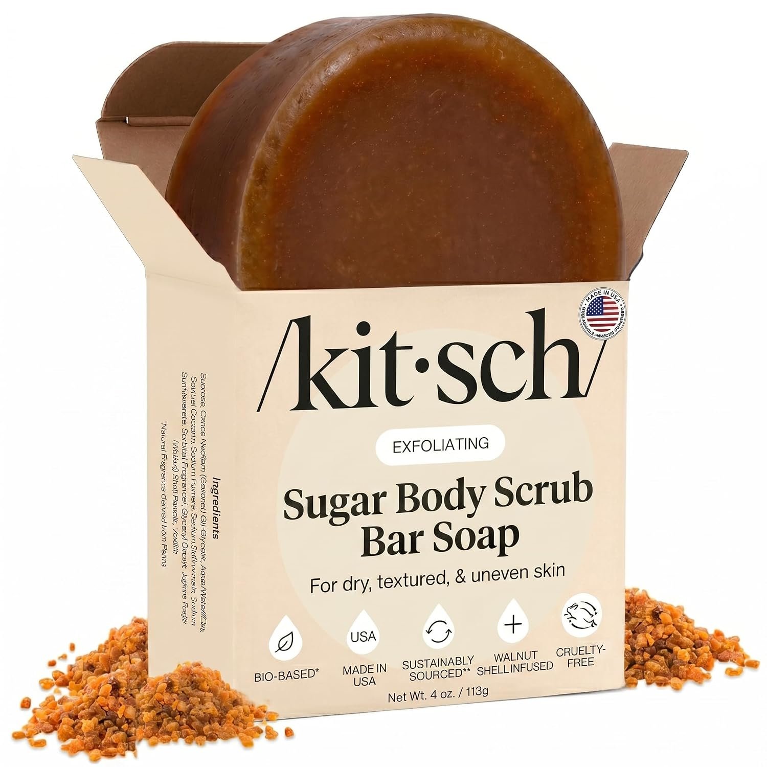 Kitsch Exfoliating Sugar Scrub Body Wash Bar Soap – Made in the USA, 4 oz | Polishing Soap Bar w/ Granules, Walnut Shell & Coconut Oil – Hydrating Exfoliating Body Scrub for Smooth, Glowing Skin Care