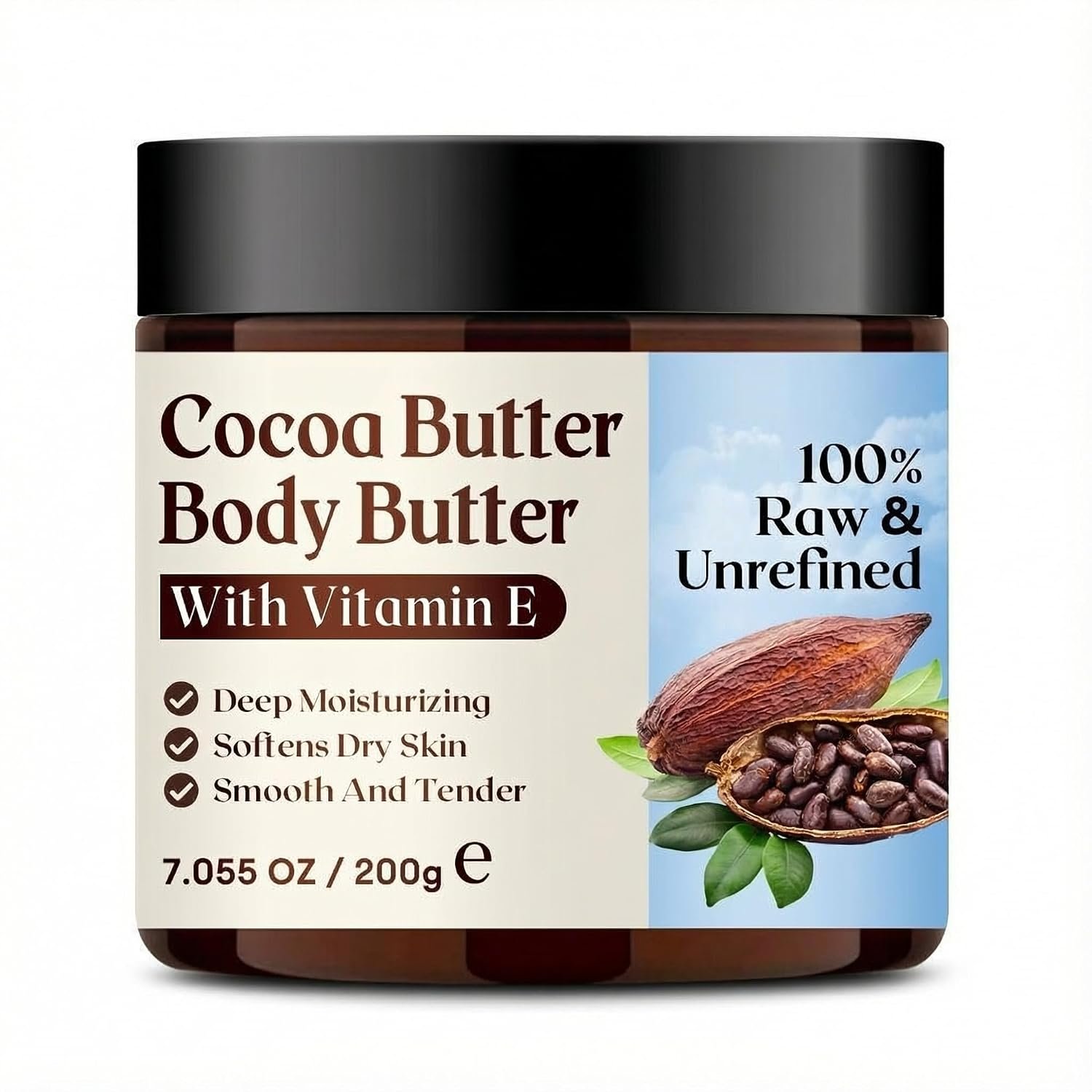 Grospe Raw Unrefined Cocoa Butter Body Butter with Vitamin E, 7.05 Oz | Deep Moisturizing Formula for Extremely Dry Skin, Soothes Rough Elbows, Knees & Heels, Daily Care for Women & Men