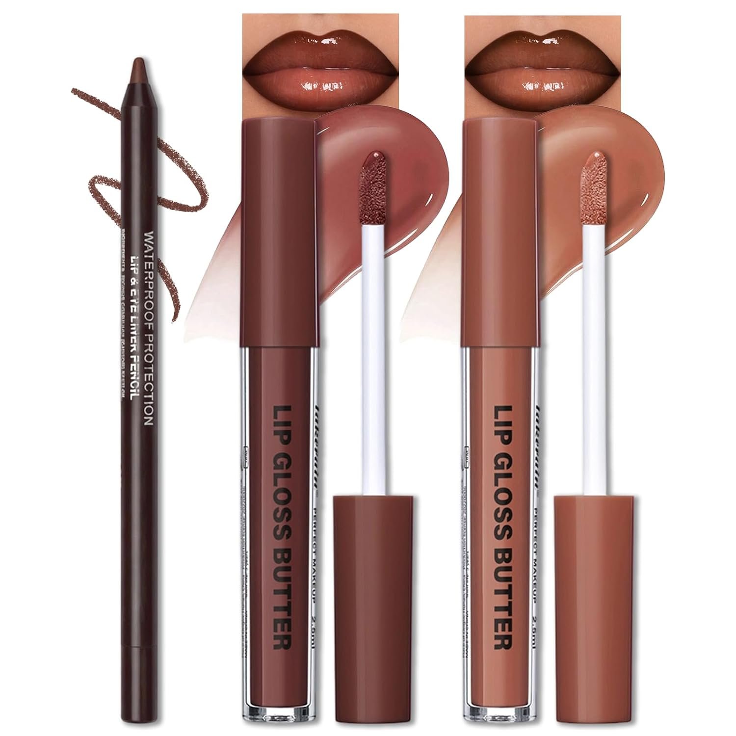 Erinde Lip Liner and Gloss Set, 2 Colors Nourishing Lip Gloss & Brown Lip Liner Combo Sets, Non-Sticky Glossy Plumping Lip Kit for Women, Lightweight Long Wear, Moisturizing Nude Lip Glow Oil, SET B