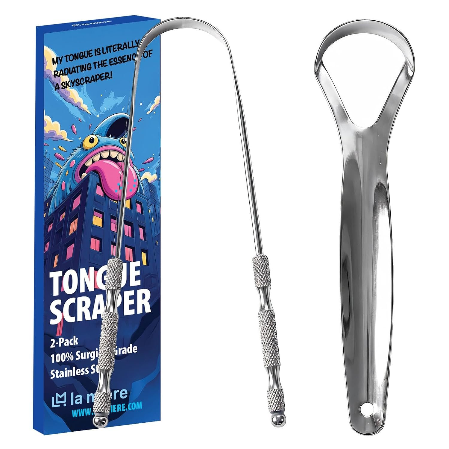 LA MIERE Tongue Scraper (2 Pack), 100% Stainless Steel, Easy to Use Tongue Scraper for Adults, Tongue Cleaner