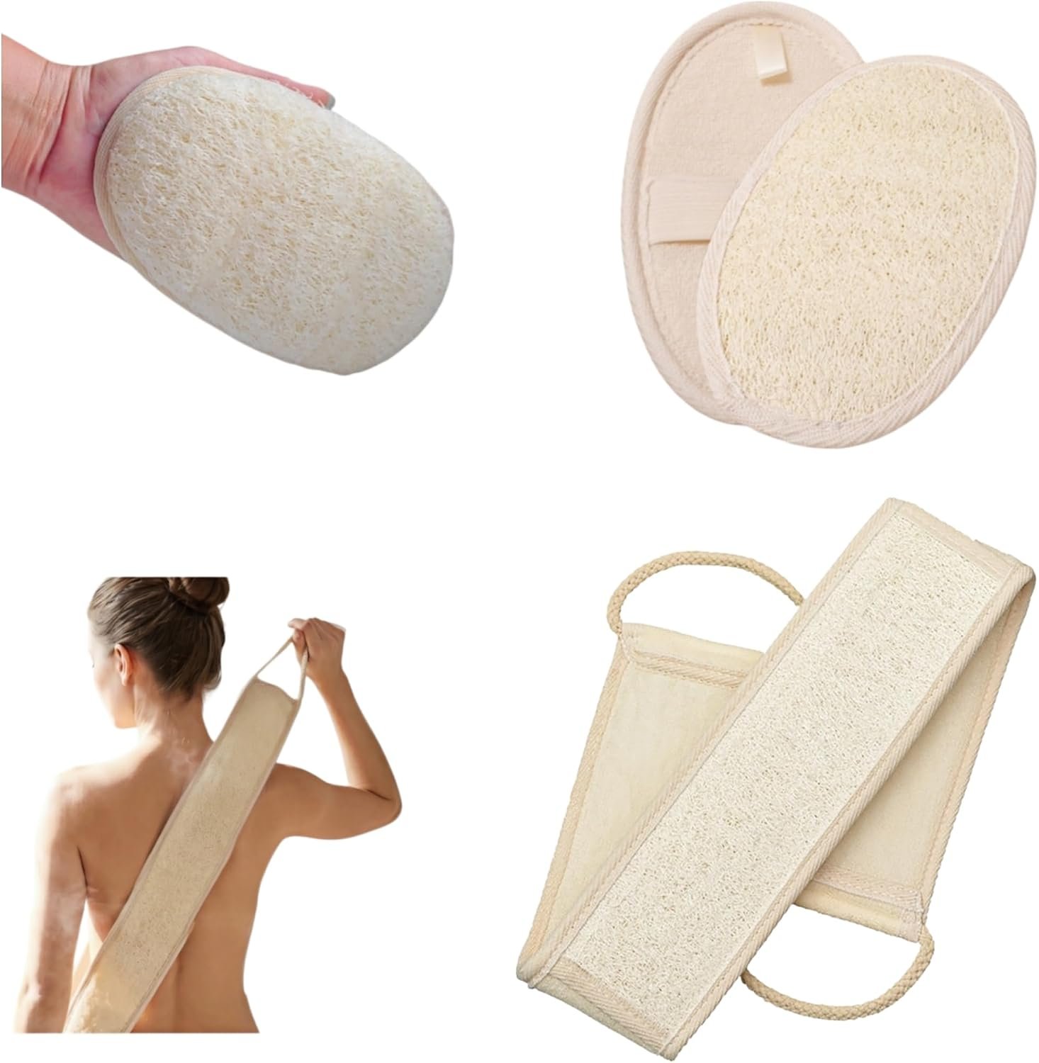 Natural Loofah Exfoliating Body Scrubber, 2-Piece Bath Set | Includes Loofah Back Scrubber + Loofah Sponge, Shower Loofah Scrubber for Men & Women, to Clean Body Deeply, Invigorate Skin