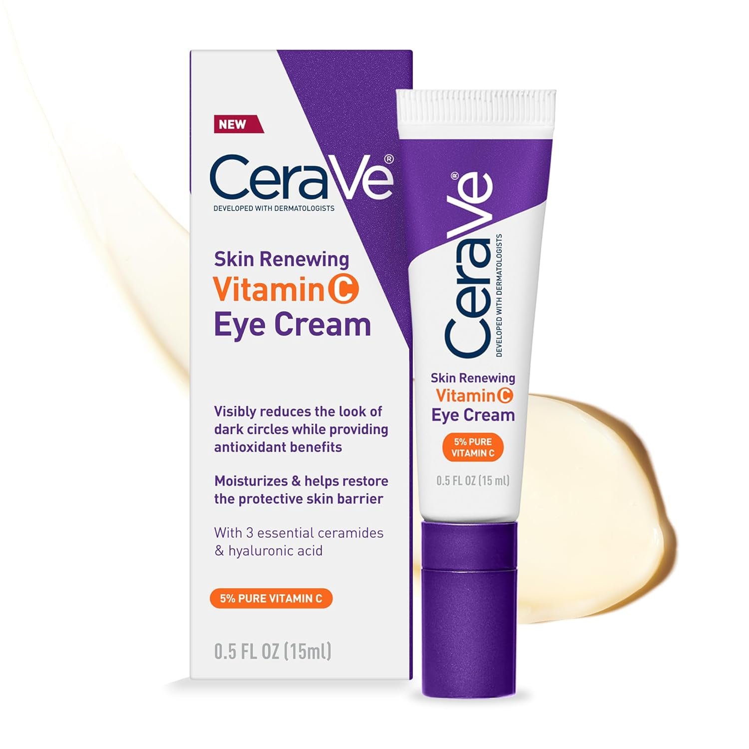 CeraVe Vitamin C Eye Cream, Hyaluronic Acid Under Eye Brightener, 0.5oz | Skin Care Formulated with Caffeine and Ceramides To Target Dark Circles, Puffiness, and Bags Under Eyes For A Brightened Look