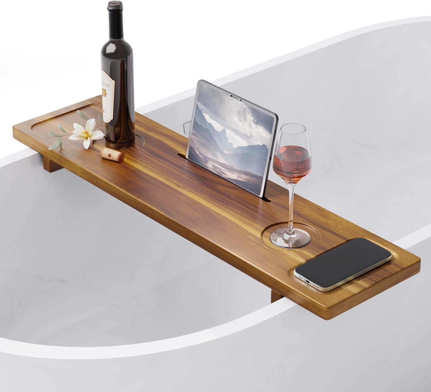 Bathtub Tray, Acacia Bath Tray for Tub, 34.6”x9” Wooden Bathtub Caddy Tray with Adjustable Legs Fit Various Bathtubs, Anti-Tipping, Sustainable Bath Table with Wine Glass and Tablet Holder