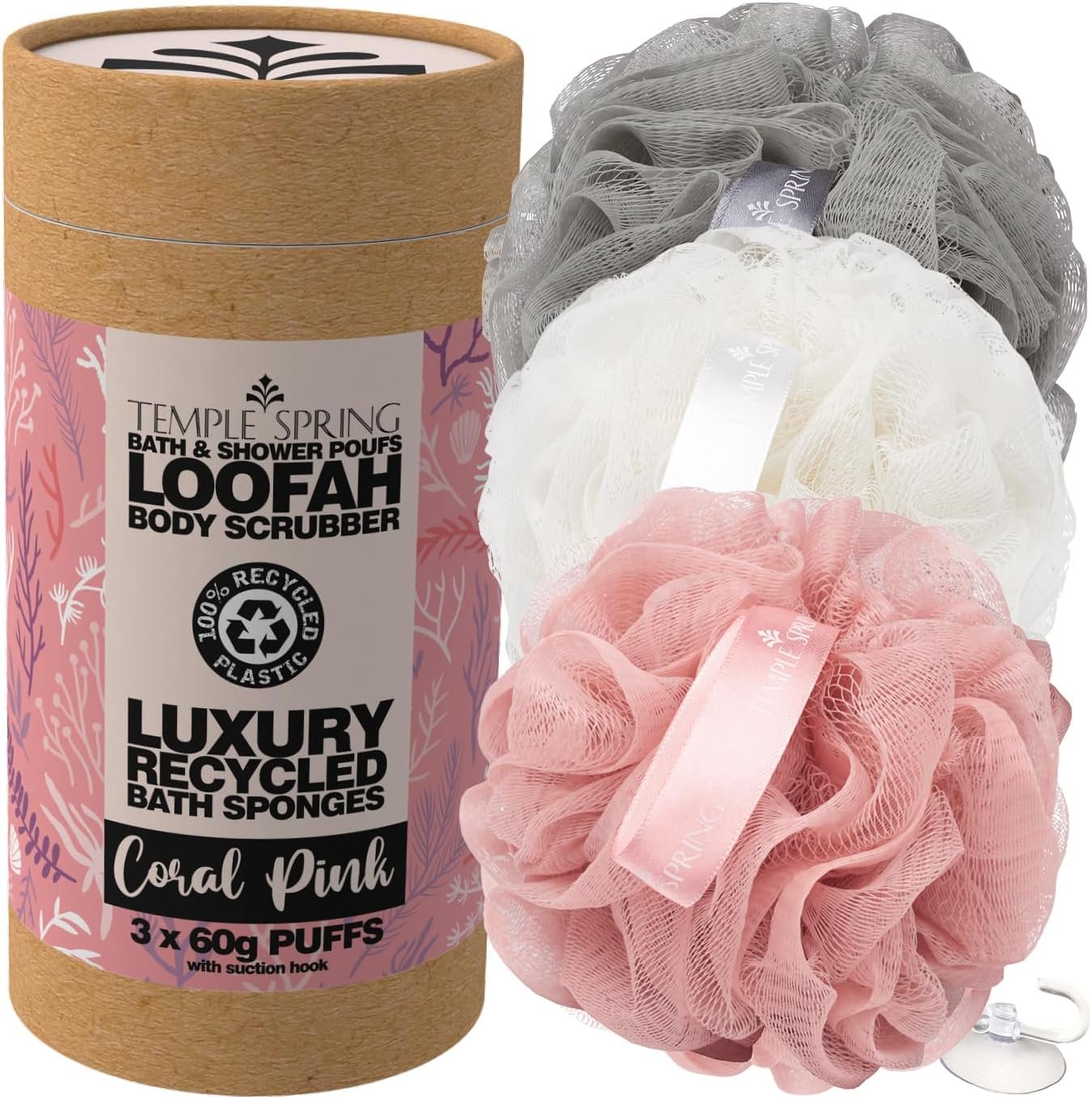 Temple Spring Soft Mesh Shower Loofah Sponge 3-Pack (60g Each) — Gentle Exfoliating Body Scrubber for Rich Lather & Smooth Skin, Bath Sponge for Women & Men, 100% Recycled Materials with Suction Hook