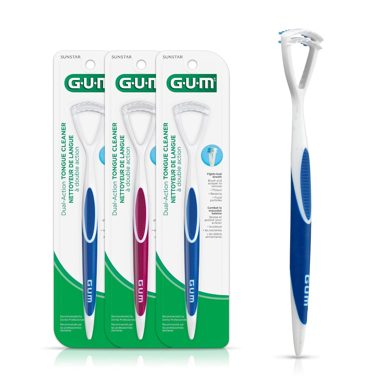 GUM Tongue Cleaner with Tongue Scraper, 1 Count (3 Pack) | Dual-Action Soft-Bristled Tongue Brush with Tongue Scraper for Better Oral Hygiene & Bad Breath Control