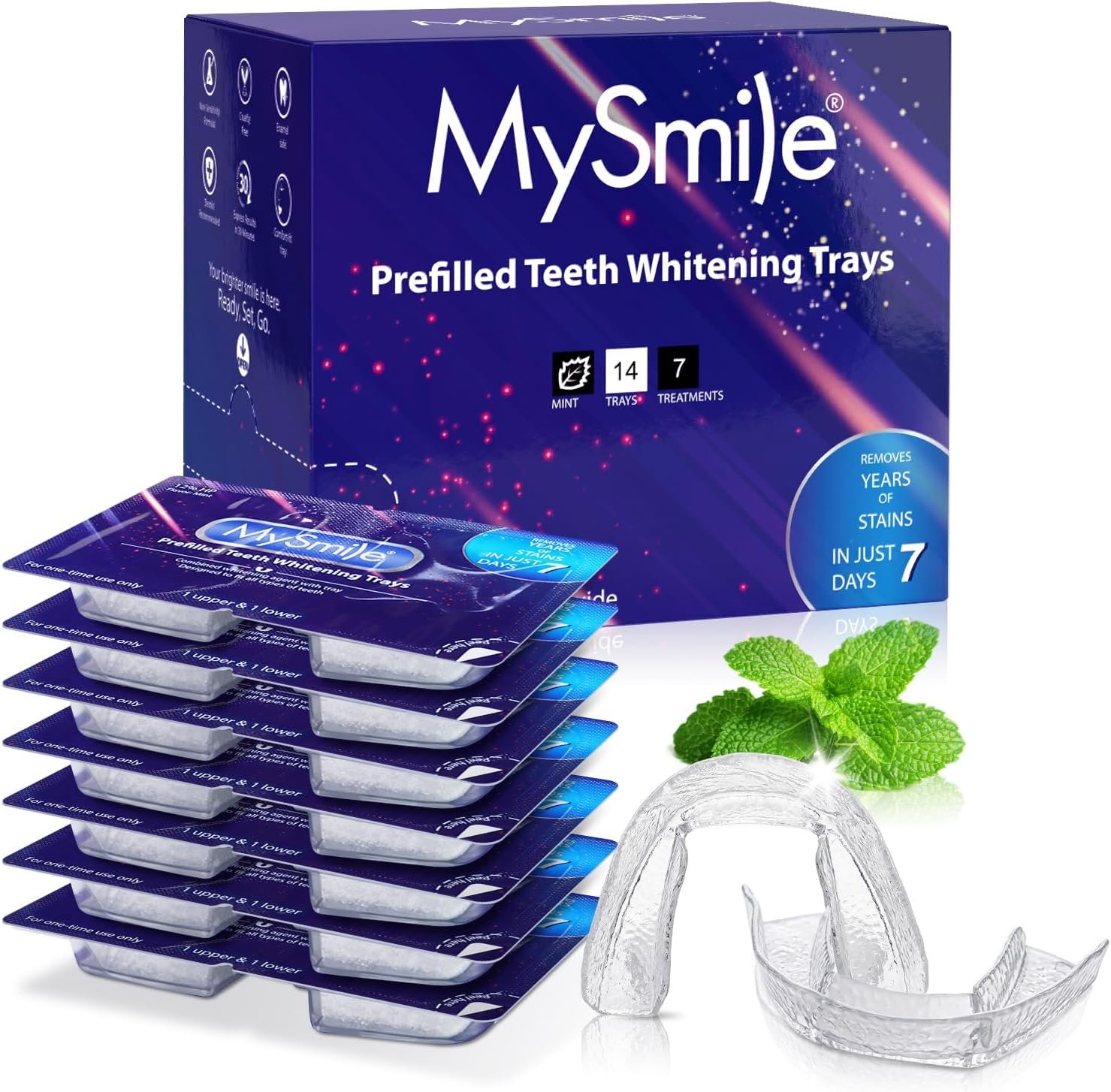 MySmile Prefilled Teeth Whitening Trays Kit, with 12% Hydrogen Peroxide Whitening Gel to Teeth Whitening for Sensitive Teeth, No Mess U-Wrap Design, Fast-Result, Enamel-Safe, Mint Flavor, 7 Treatments