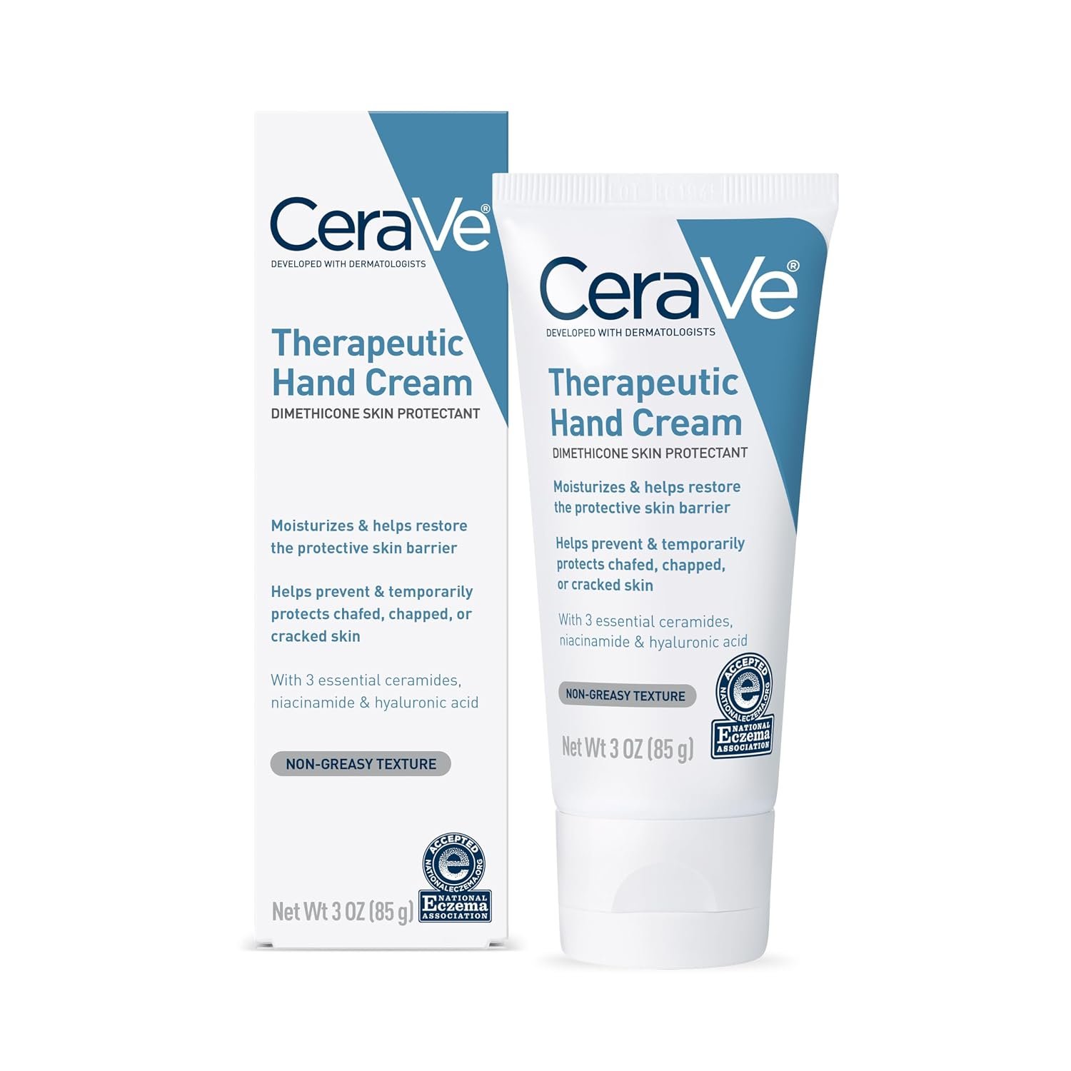 CeraVe Therapeutic Hand Cream, Hyaluronic Acid & Niacinamide Lotion, 3oz | Dermatologist-Tested Dimethicone Hand Lotion Protects Over-Worked Skin; Ideal Hand Cream For Dry Cracked Hands