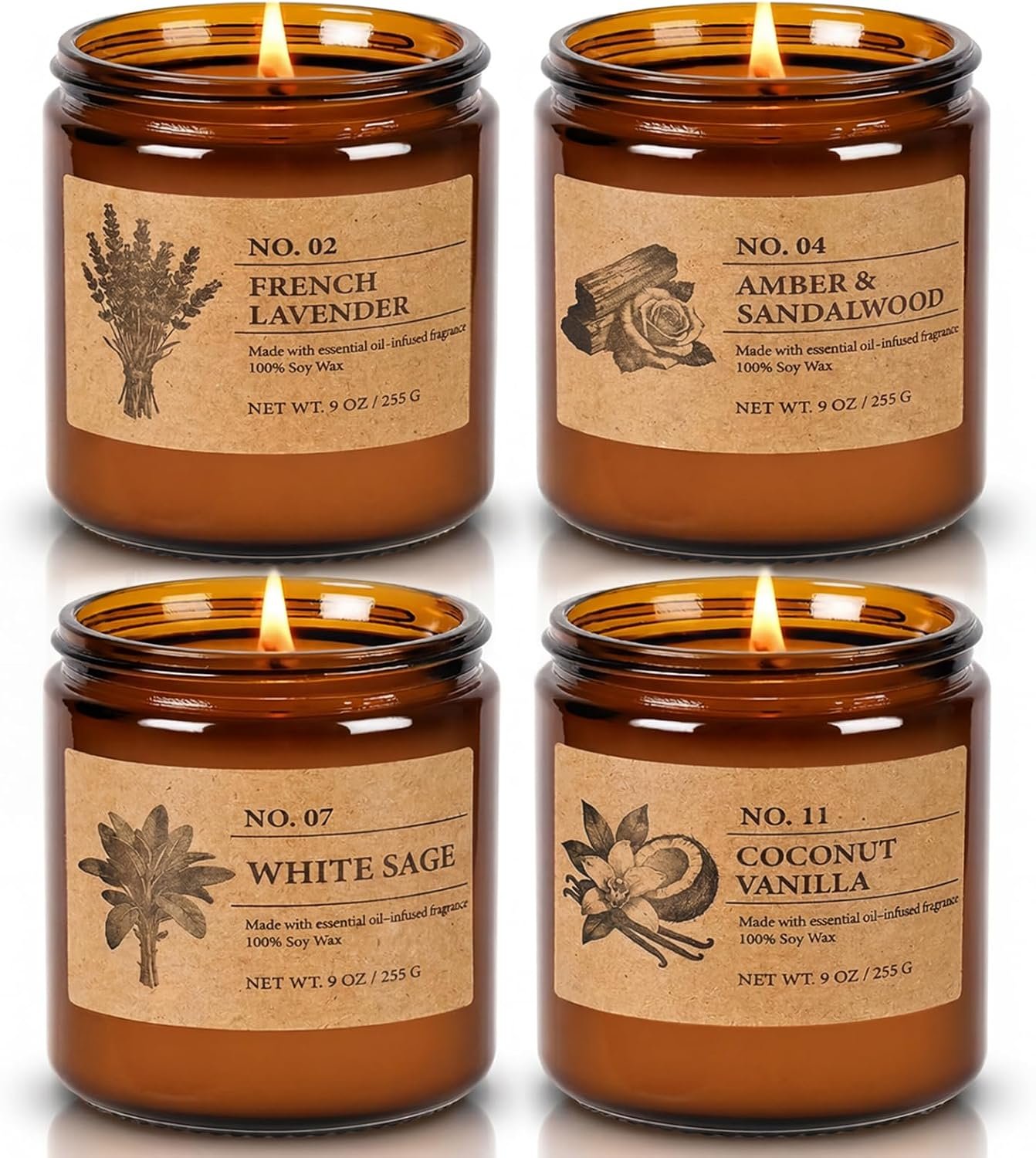 Scented Candles for Women, 4-Pack 9 oz Soy Candle Set for Home, 36 oz Total | Lavender, Amber-Sandalwood, White Sage & Coconut Vanilla. Soy Wax Aromatherapy Candles for Birthdays & Valentine’s Day Gifts