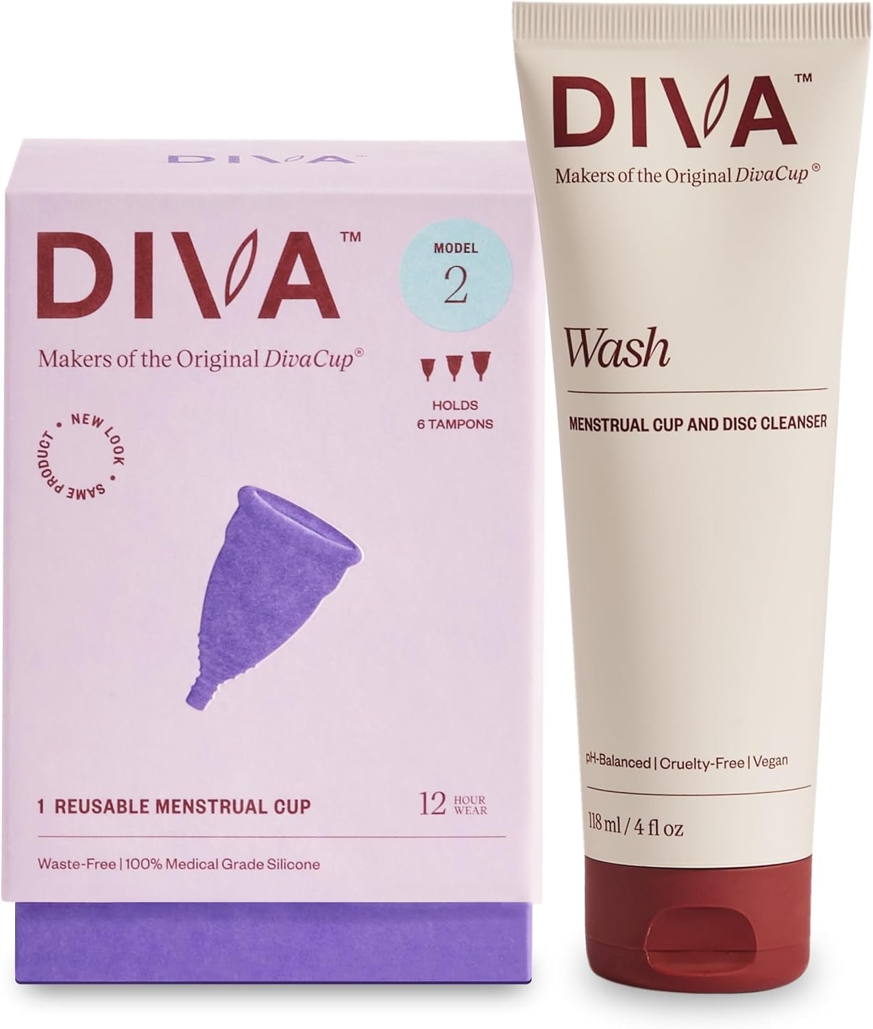 Diva Cup & Diva Wash Combo Pack – Medical Grade Silicone Cup for Period Care – Reusable Menstrual Cup – Cleaner for Period Cup – Cup Model 2 (for Wide Vaginal Canals, Post-Partum & Ages 35+)