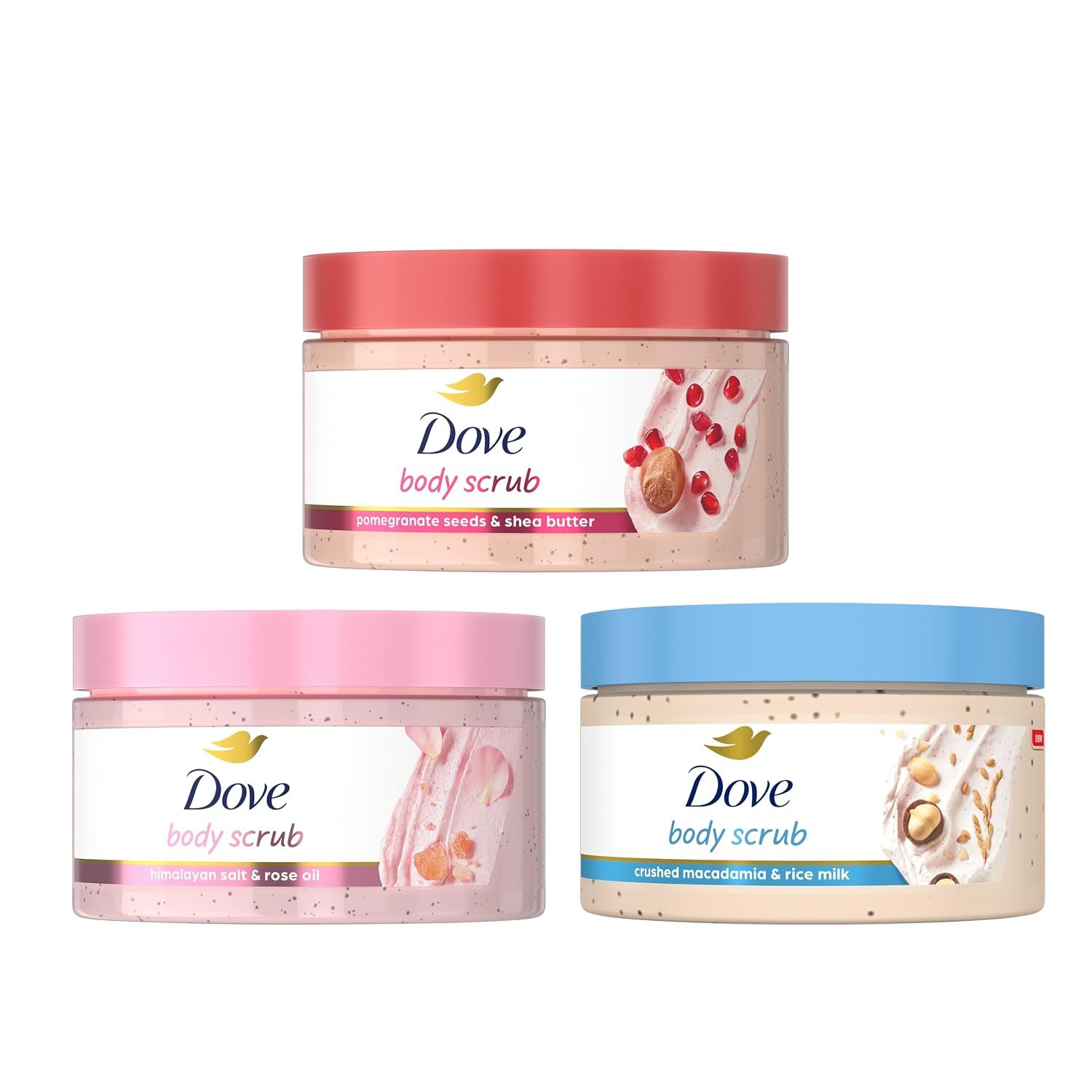 Dove Body Scrub Trial Pack, 3 Count | Mini exfoliating body scrubs that nourish skin and reveal soft, smooth and radiant skin