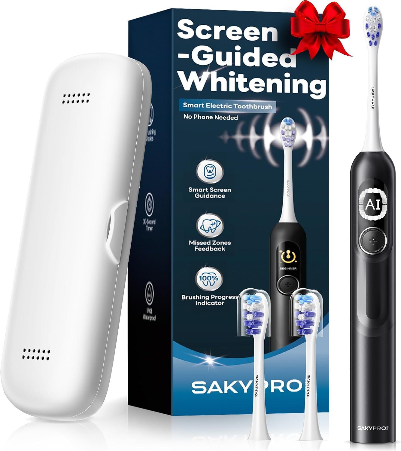 SAKYPRORAL Electric Toothbrush for Adults, Score Display, 6M Battery, Black | No App Required, AI Sonic, 6-Zone Tracking, Smart Timer, 5 Brushing Modes, 2 Soft Heads