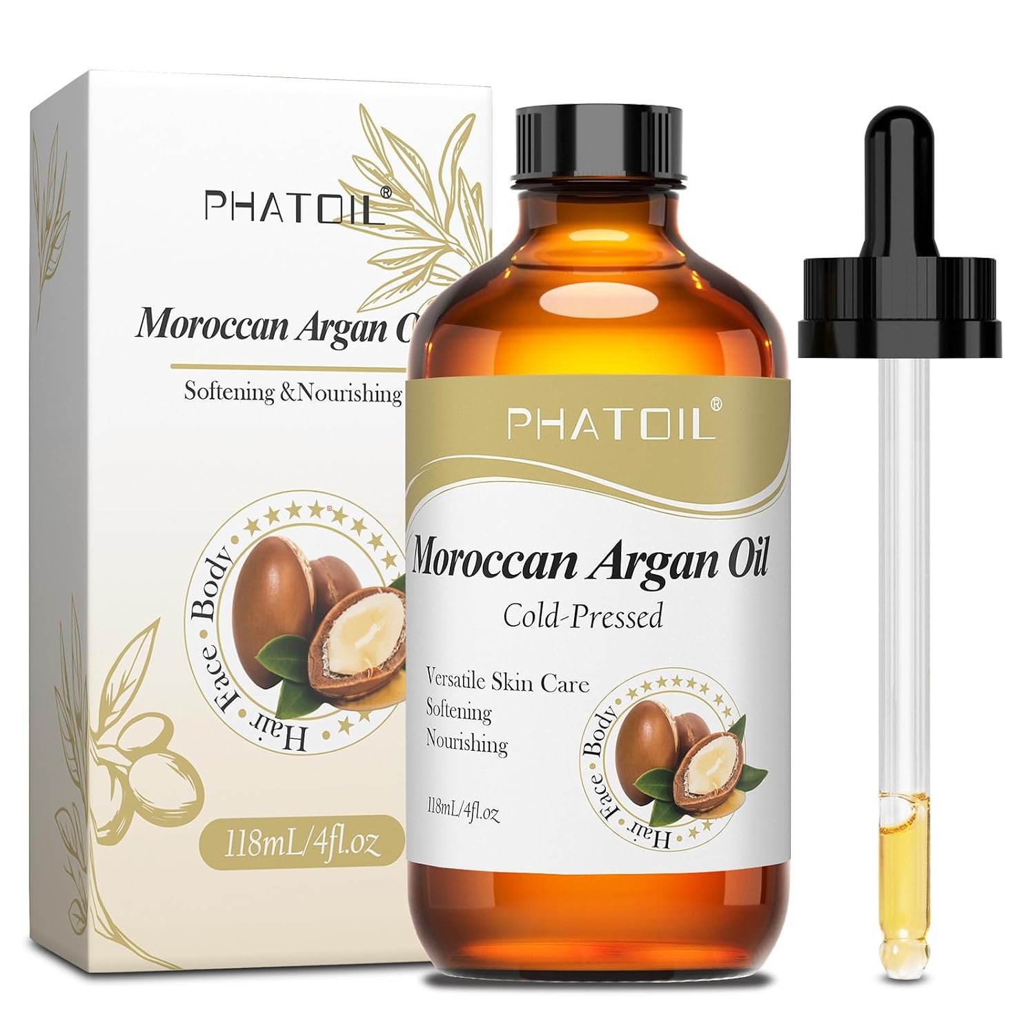 PHATOIL Moroccan Argan Oil for Hair 118 ml (4 fl.oz), Cold Pressed Argan Oil in Glass Bottle for Face, Skin & Nail Care, Ideal for All Hair Types