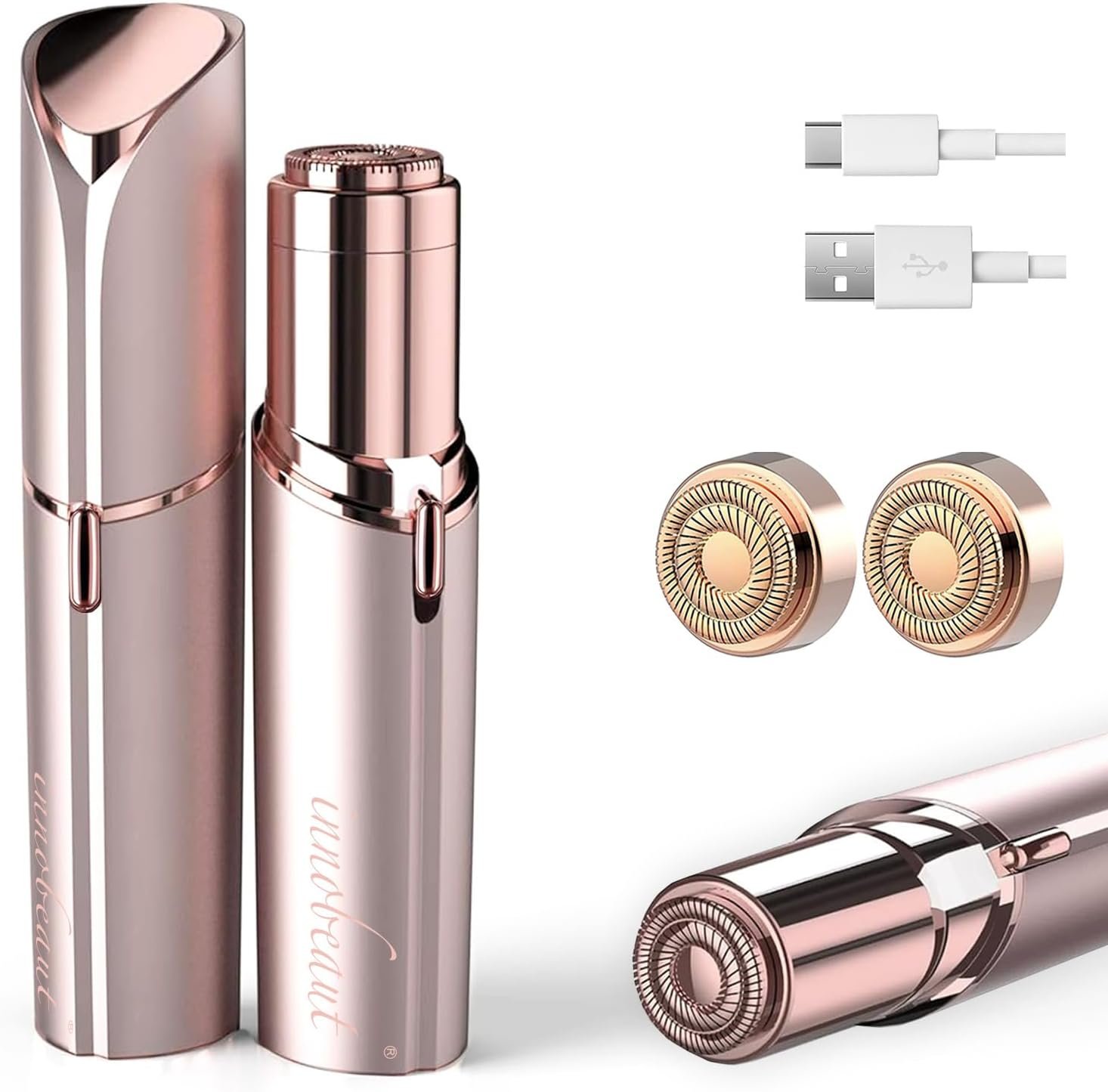 innobeaut Painless Electric Facial Hair Remover for Women,2 Heads | USB rechargeable, Compact for face/lip/chin, Gentle on sensitive skin, Rose Gold, Works like facial shaver & razor