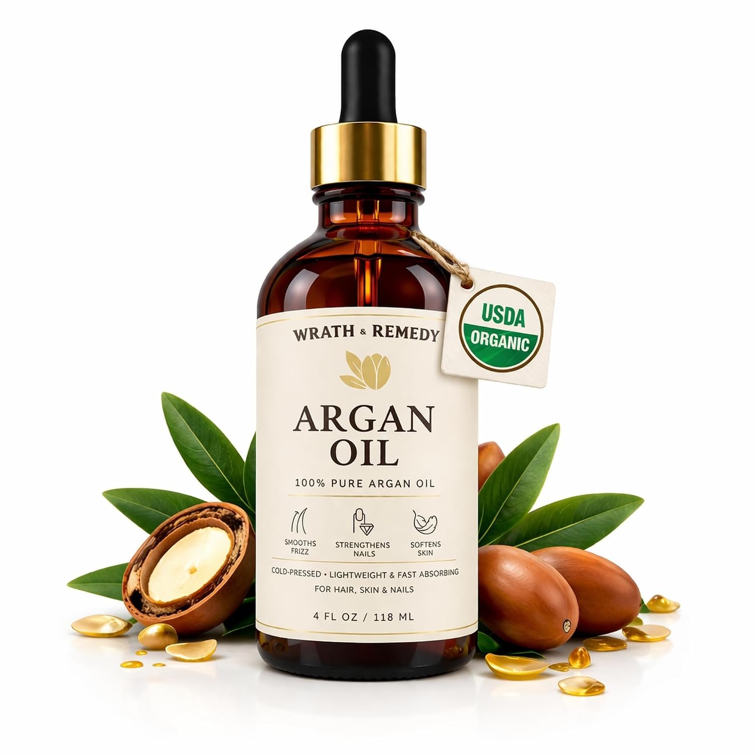 Organic Argan Oil of Morocco — USDA Certified Pure Argan Oil for Hair (4OZ) | Lightweight, Cold-Pressed, Fast-Absorbing Argan Oil for Skin, Nail Strength, Frizz Control & Shine (Finest Glass Bottle)