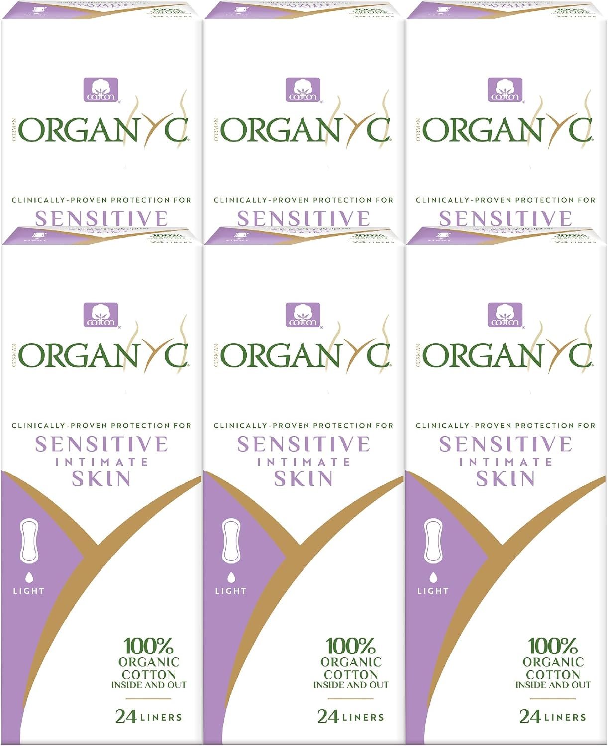 Organyc 100% Certified Organic Cotton Everyday Panty Liner – Flat, Light Flow, Light Plus, 24 Count (Pack of 6)