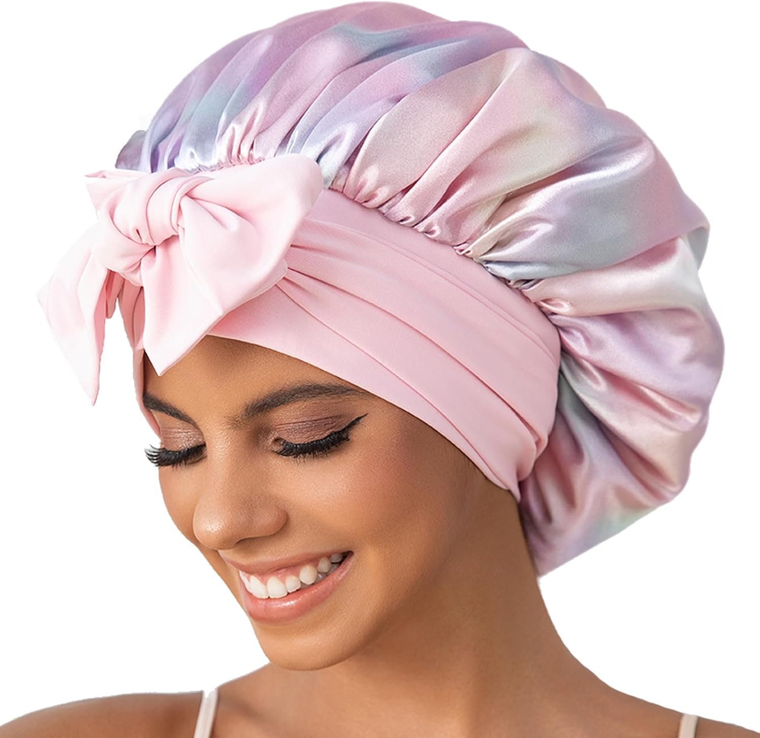Satin Silk Bonnet for Sleeping Women – Double Layer Sleep Hair Bonnets Caps for Curly Braid Hair with Tie Band