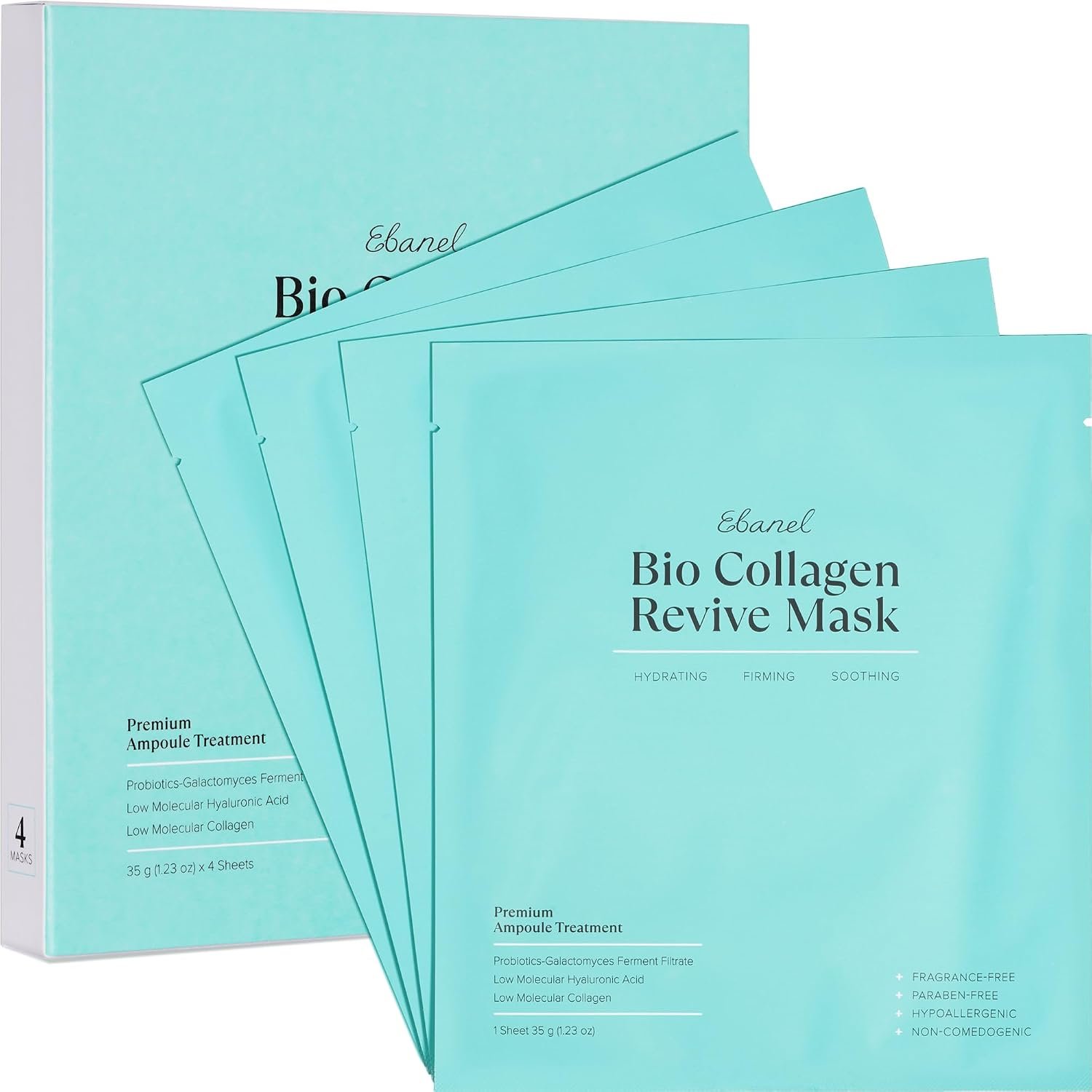 Ebanel Bio Collagen Face Mask, 4-Pack Hydrating Overnight Korean Sheet Mask | Premium Hydrogel Mask with 7 Peptides, Hyaluronic Acid Complex, Niacinamide, Centella, Rose Water, Ceramide, B5, Green Tea