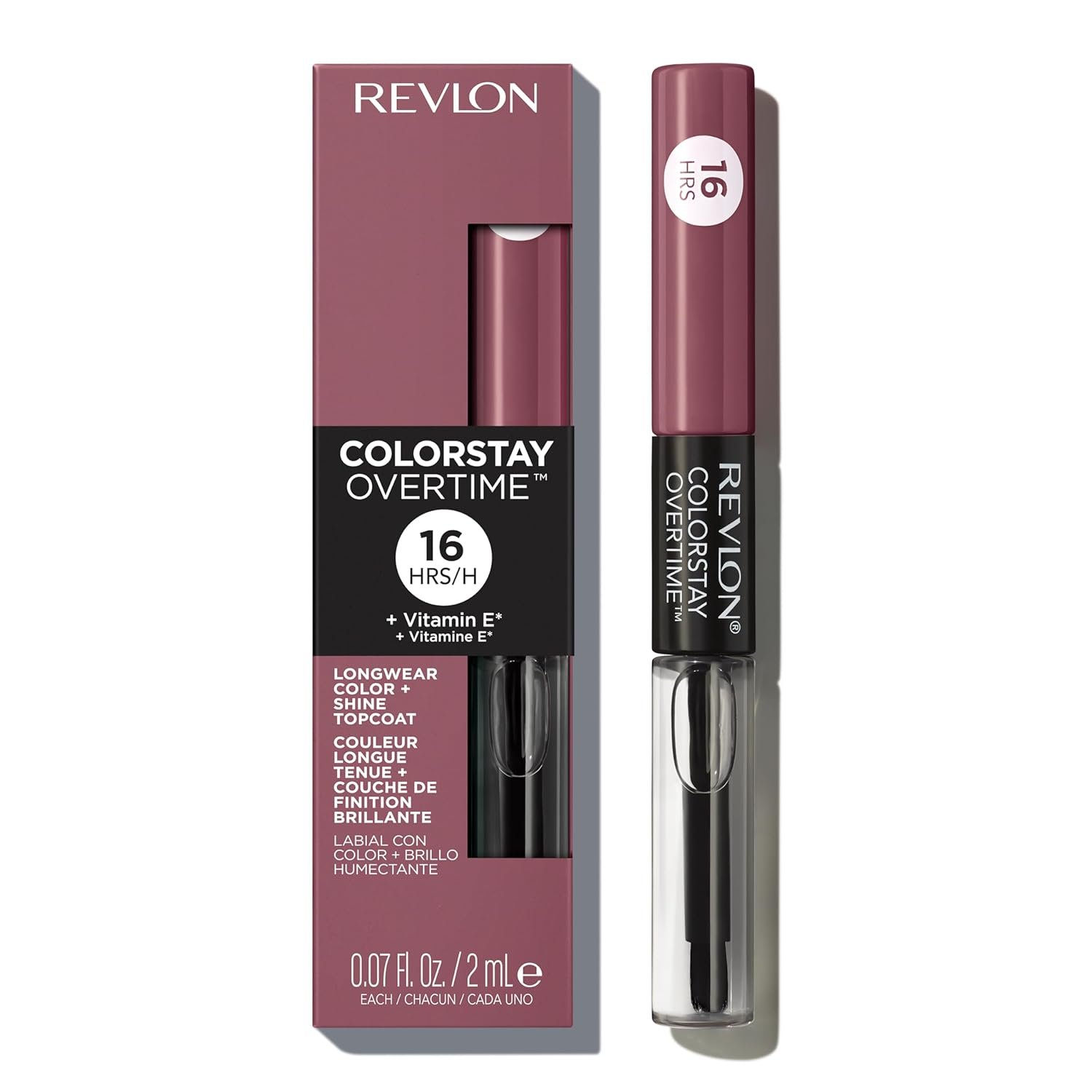 Revlon ColorStay Overtime Lipcolor, 370 Everlasting Rum, 0.07 fl oz | Dual-ended liquid lipstick with clear lip gloss. Moisturizing ingredients. Won’t smudge, bleed or feather.
