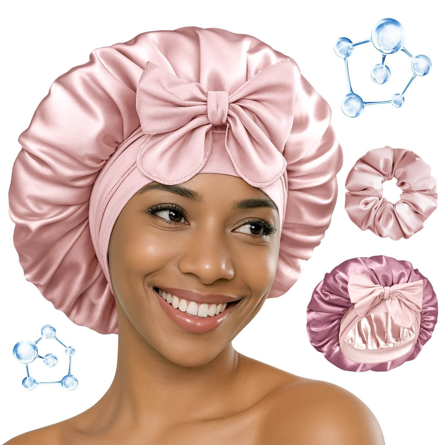 BONNET QUEEN Silk Bonnet for Sleeping Women HYALURONIC Acid Reversible Double Layer Satin Bonnet Night Sleep Cap Wrap for Curly Hair with Adjustable Tie Band & Scrunchie, Cream Pink & Rose Gold