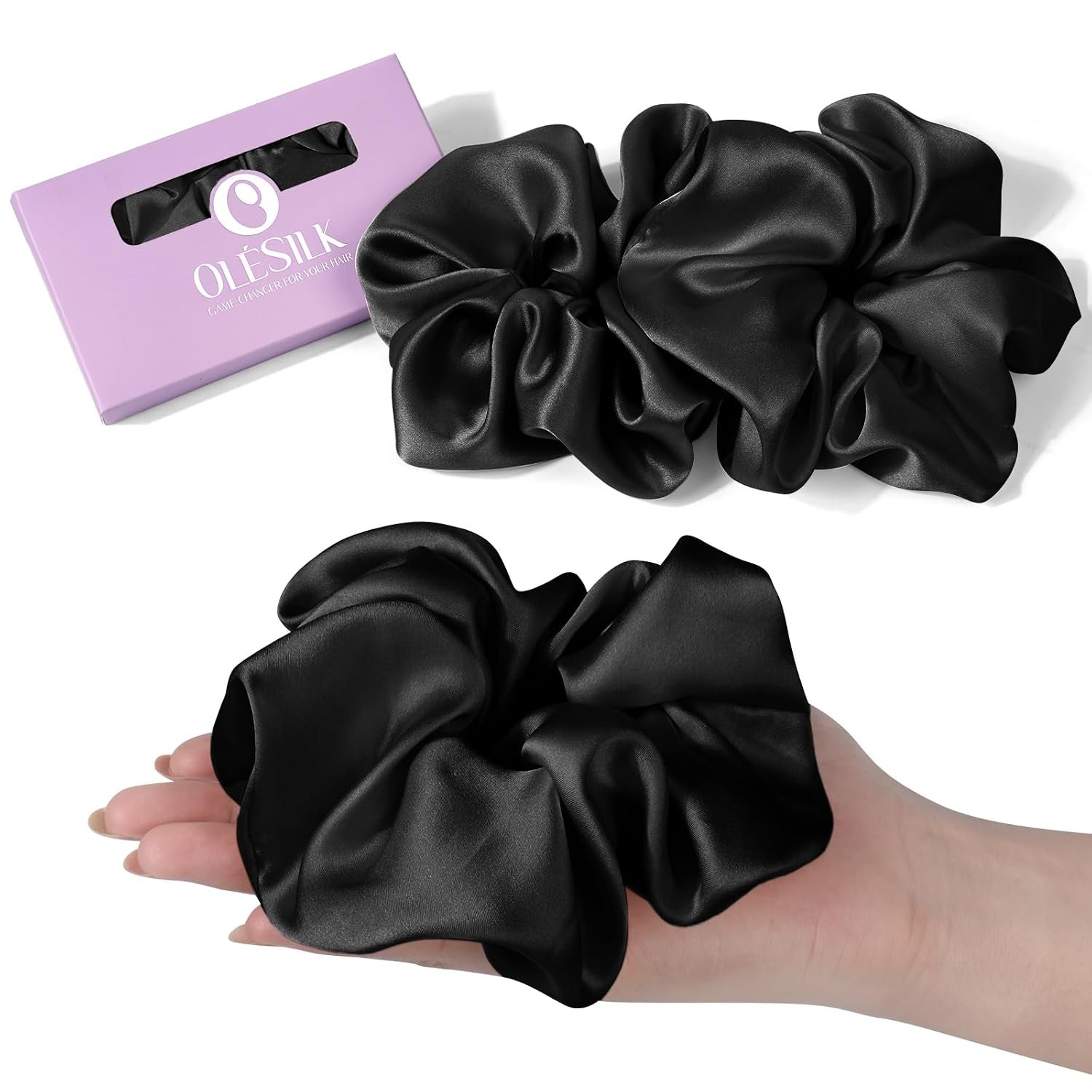 OLESILK 100% Mulberry Large Silk Scrunchies for Hair Care, 2 Pack | Oversized for Women & Girls Long Thick Curly Braids Hair, Soft Smooth for No Damage Hair Care While Sleeping and Daily