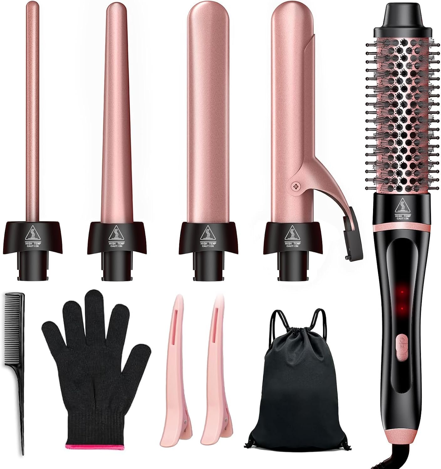 5 in 1 Curling Iron & Thermal Brush Set with 4 Interchangeable Ceramic Barrels (0.35”-1.25”) Fast Heat Dual Voltage Travel Hair Tools Birthday Gift for Women – Hair Curler Wand Kit for Curls & Blowout