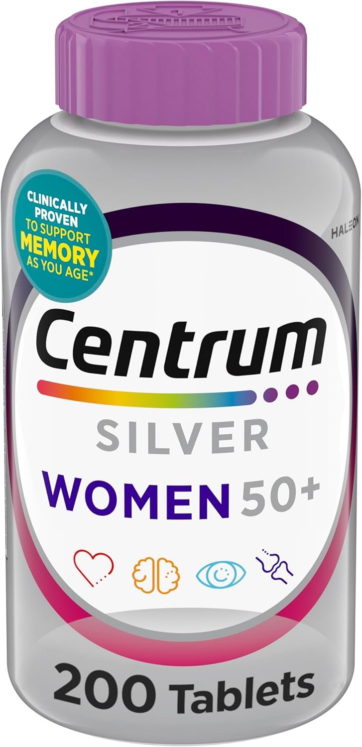 Centrum Silver Women’s Multivitamin for Women 50 and Over, 200 Tablets | Contains Vitamin D3, B Vitamins, Calcium, and Antioxidants, Non-GMO Ingredients, Supports Memory and Cognition, GLP-1 Support