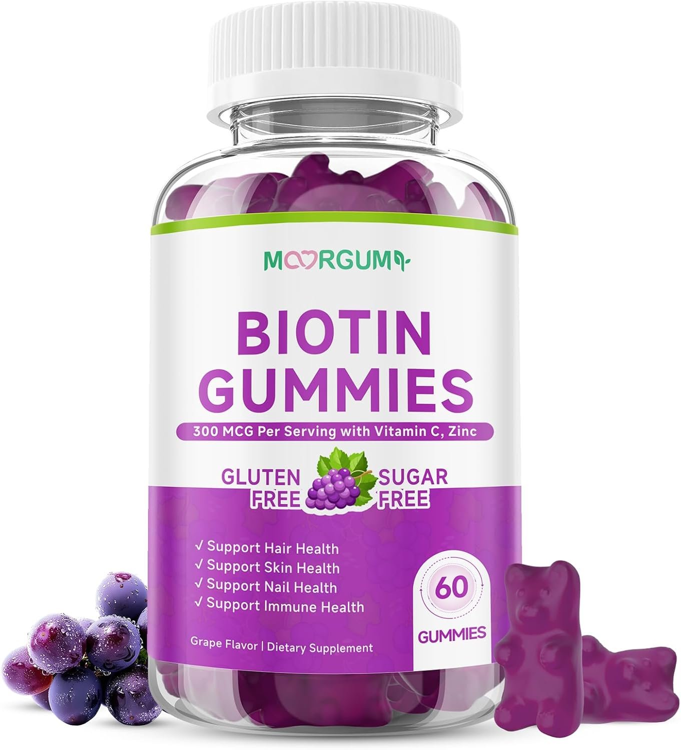 Sugar Free Biotin Hair, Skin & Nails Gummies, Supports Healthy Hair, Skin and Stronger Nails, with Vitamin C, Zinc Chewable Vitamin B7 Supplements for Women & Men, Vegan, Non-GMO, Grape, 60 Count