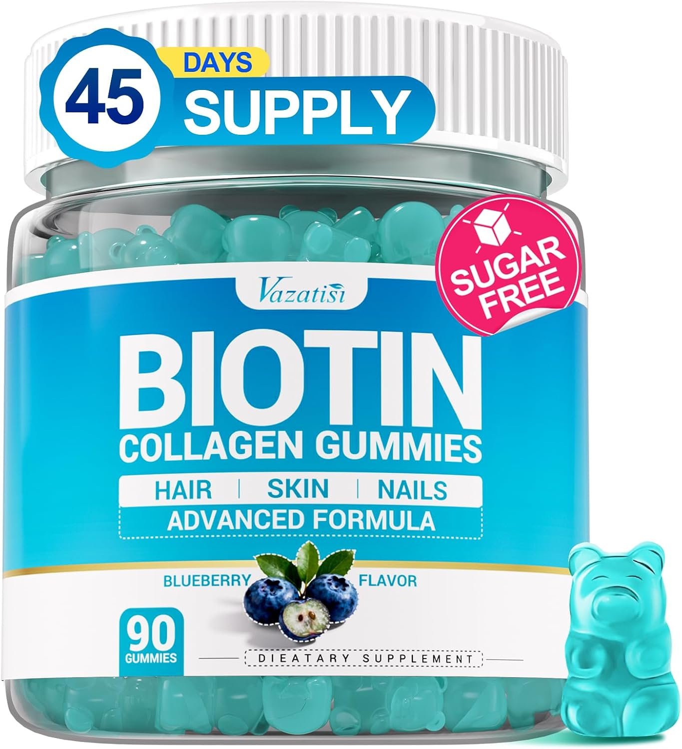 Biotin Gummies 15,000 mcg with Collagen & Keratin – 13-in-1 Hair Skin & Nails Gummies for Women & Men, Hair Growth, Sugar Free Non-GMO, Blueberry, 90 Count