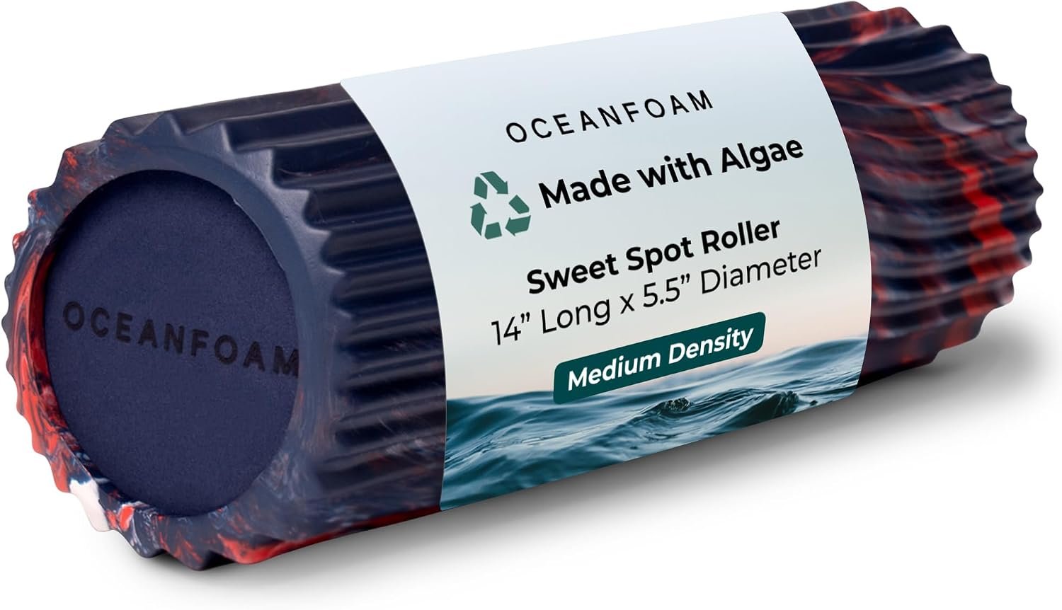 Oceanfoam Sweet Spot Medium Exercise Foam Roller 14″x5.5″ – Medium Density Travel Foam Roller for Physical Therapy, Deep Tissue Massage, Yoga, Pilates, Wave Texture (Dark Navy, Red & Natural Marbled)