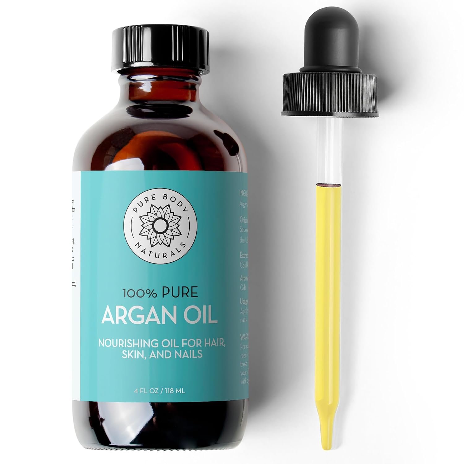 Pure Cold Pressed Argan Oil, 4 fl oz, Face & Skin Oil | Lightweight, non-greasy finish, softens hair ends, cuticles and dry patches, absorbs fast with no residue