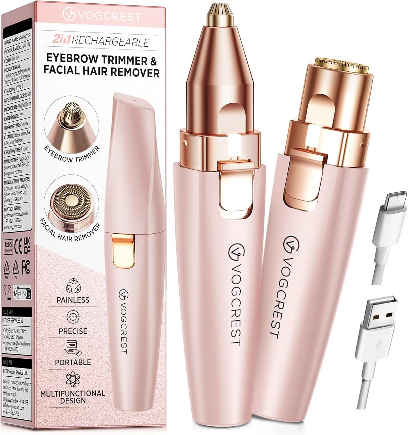VG VOGCREST Eyebrow Facial Trimmer: 2 in1 Rechargeable Facial Hair Removal and Eyebrow Shaver – Face Lips Body Painless Facial Razor with Built-in LED Light (Pink)